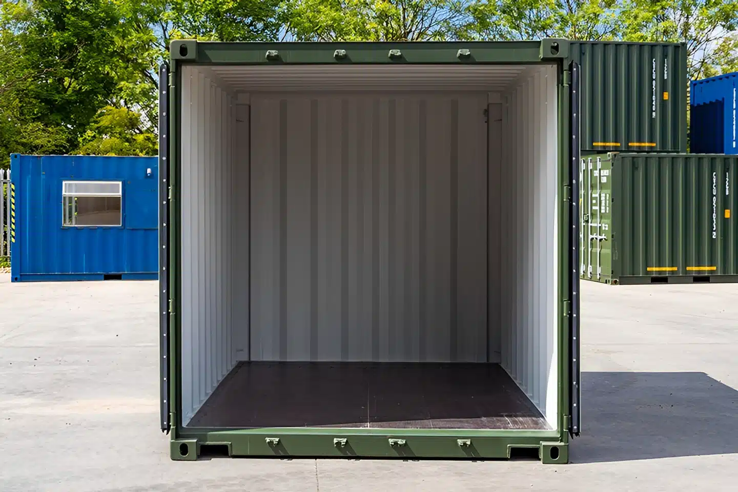 Green shipping container with forklift pockets for easy handling