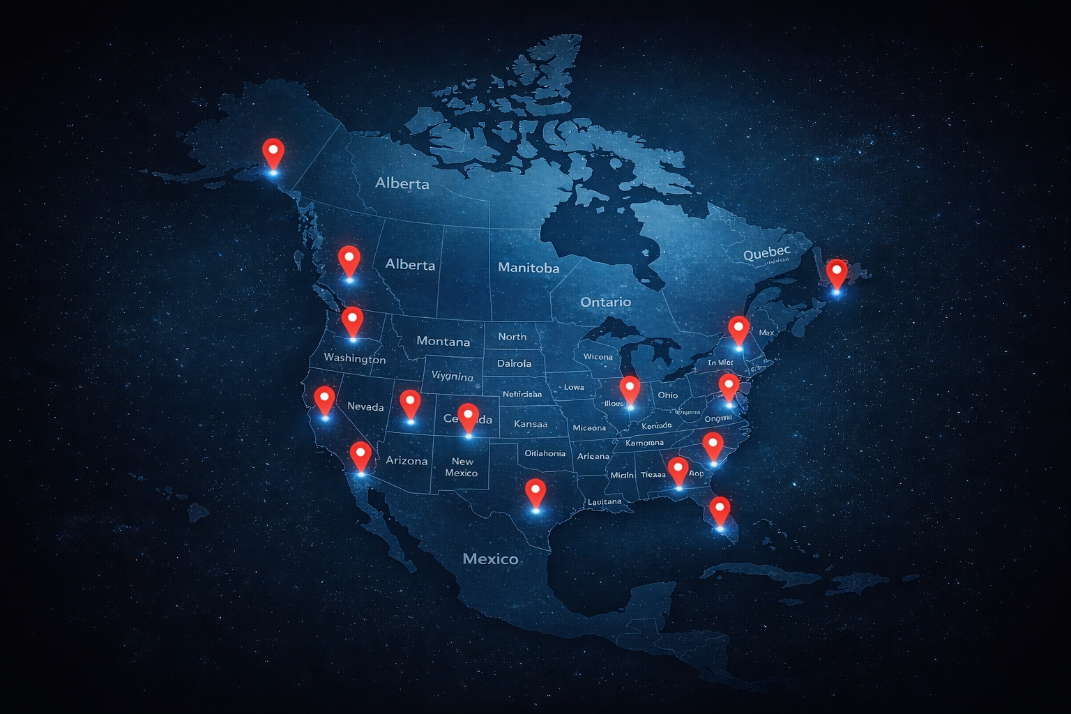 Shipping container delivery coverage across the United States and Canada with nationwide service locations