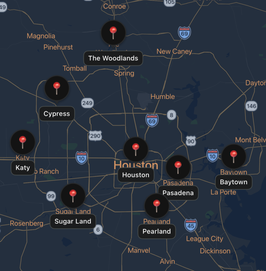 Map showing shipping container delivery locations in Houston including Katy, Sugar Land, Pasadena, The Woodlands, Pearland, Cypress and Baytown