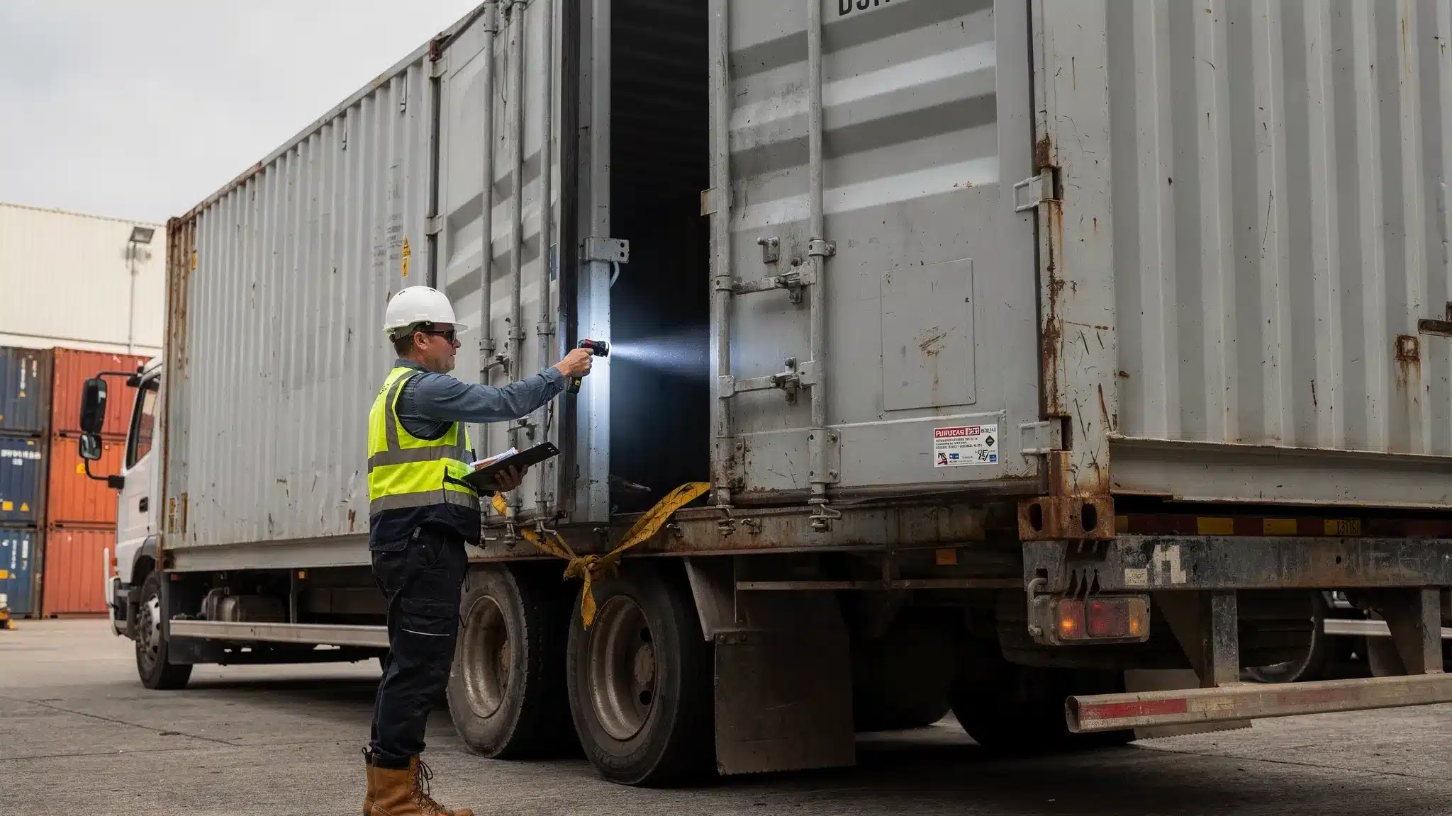 Shipping Containers: Types, Grades, and Best Uses in 2026 2 A delivery-day inspection scene: a shipping container on a truck with a buyer checking door seals, shining a flashlight inside for a light-leak test, and inspecting the roof line and corner castings.