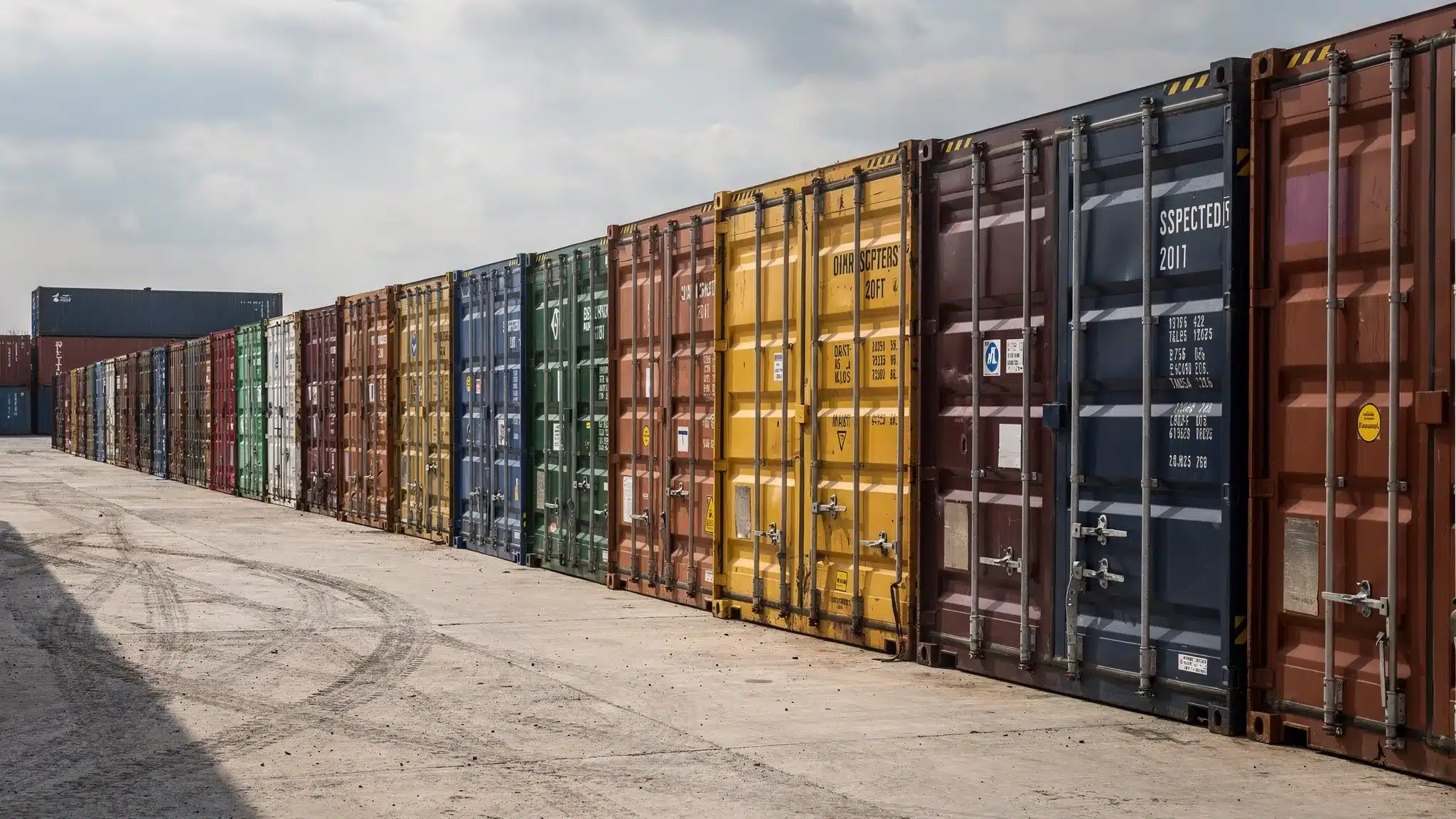Container One Shipping Containers: Specs, Grades, Delivery 2 A row of inspected shipping containers in a storage yard, showing 20ft and 40ft units lined up with visible corner castings and intact door hardware.