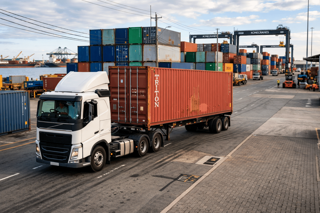 Truck transporting a shipping container at a logistics port terminal for nationwide container delivery across the United States