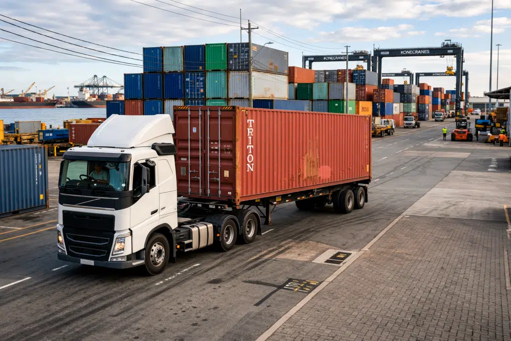 Truck transporting a shipping container at a logistics port terminal for nationwide container delivery across the United States