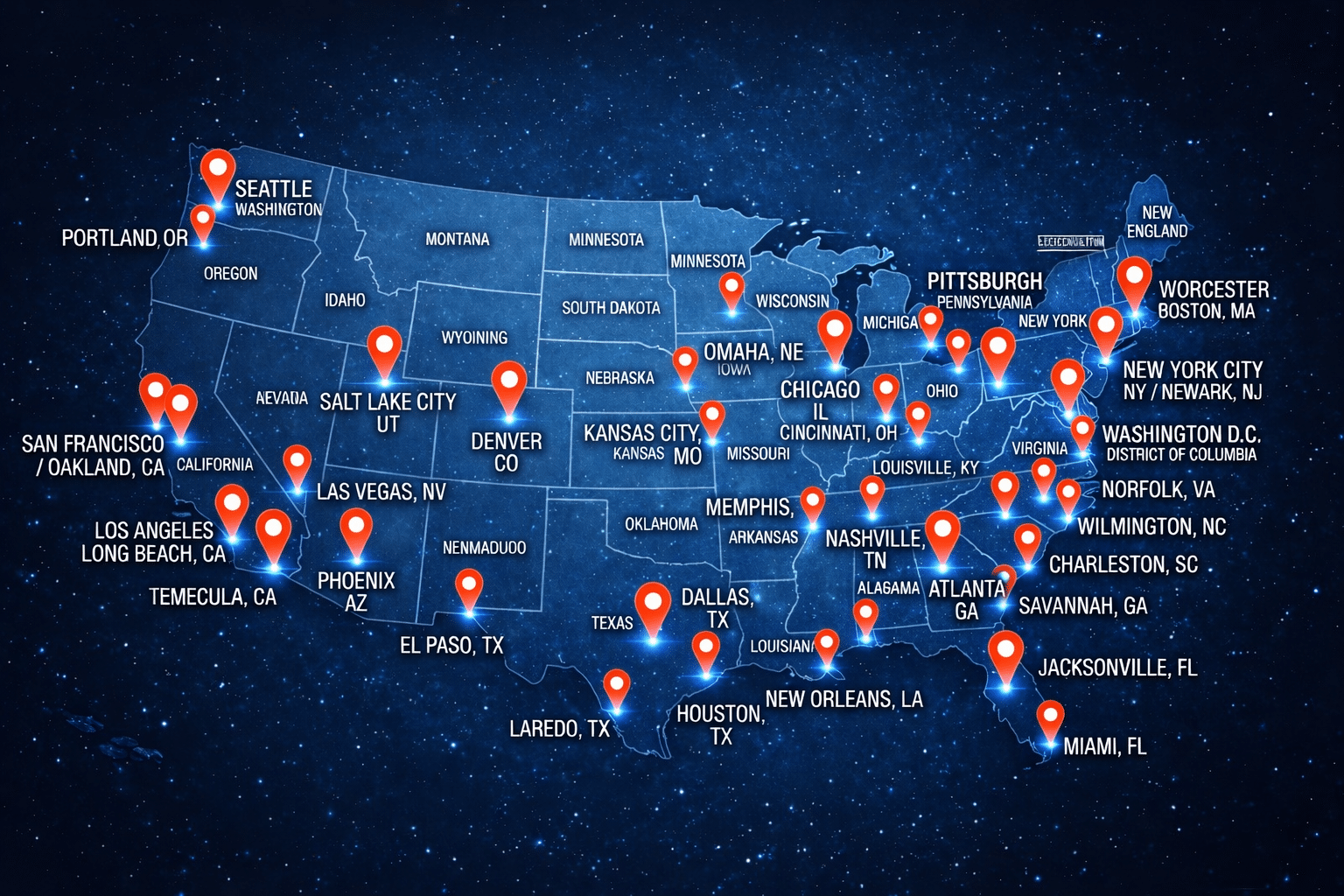 Shipping container depot locations across the United States including Los Angeles, Houston, Chicago, Atlanta, Miami, Seattle, and New York