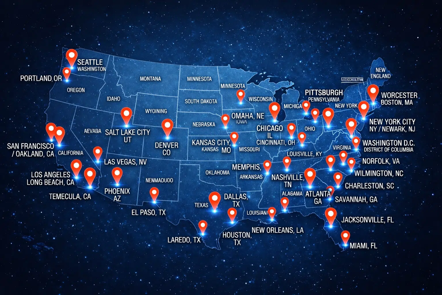 Shipping container depot locations across the United States including Los Angeles, Houston, Chicago, Atlanta, Miami, Seattle, and New York
