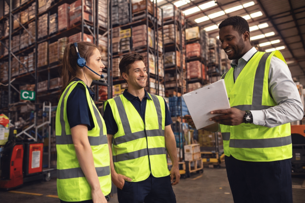 Warehouse logistics team inspecting shipping container inventory and coordinating operations