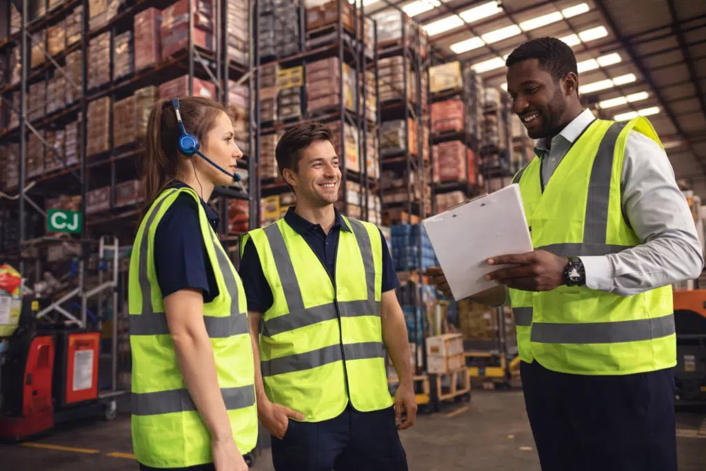 Warehouse logistics team inspecting shipping container inventory and coordinating operations