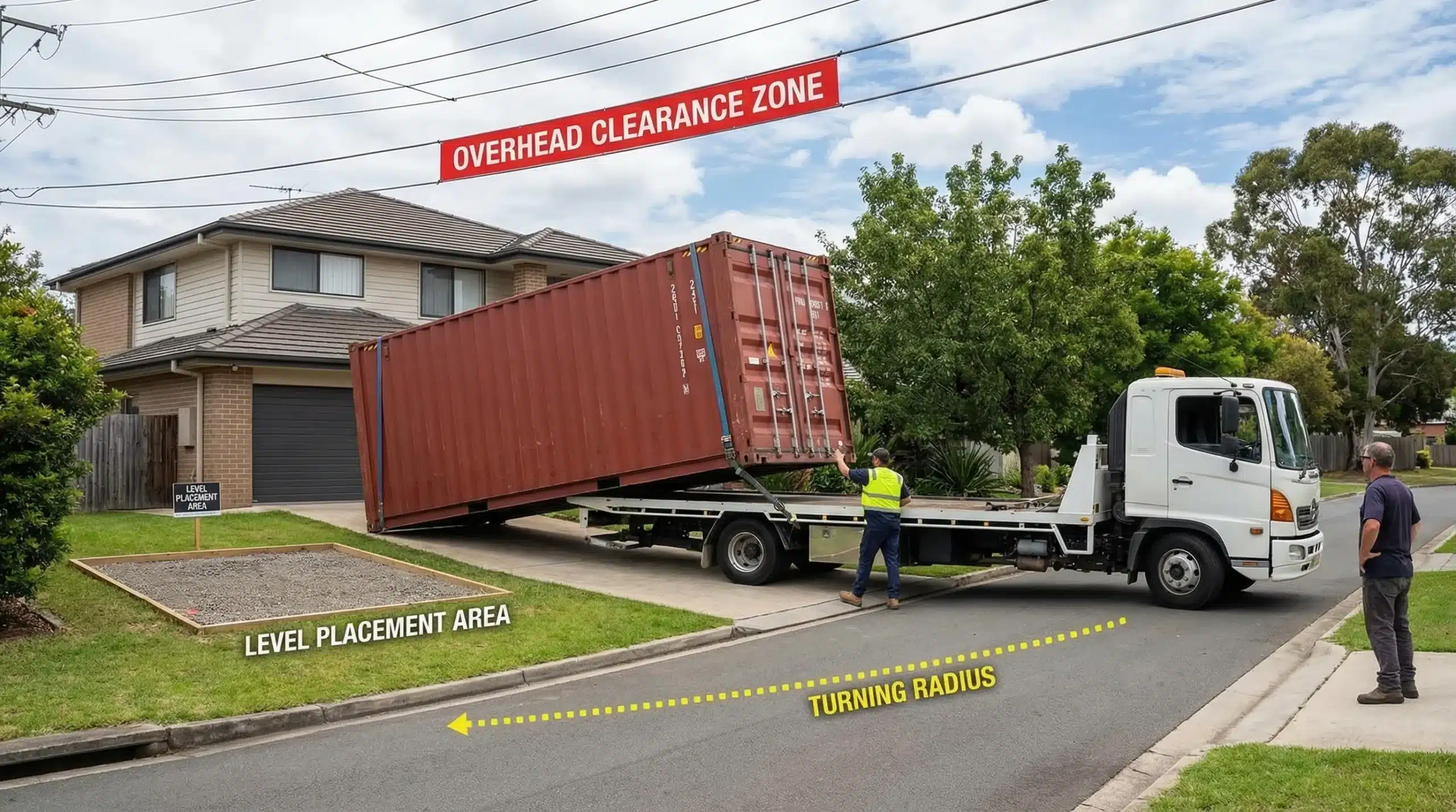 Cheap 20ft Shipping Container for Sale: Red Flags to Know 1 A 20ft shipping container being delivered on a tilt-bed truck to a residential driveway, showing key clearance zones like overhead wires, turning radius, and a level placement area.