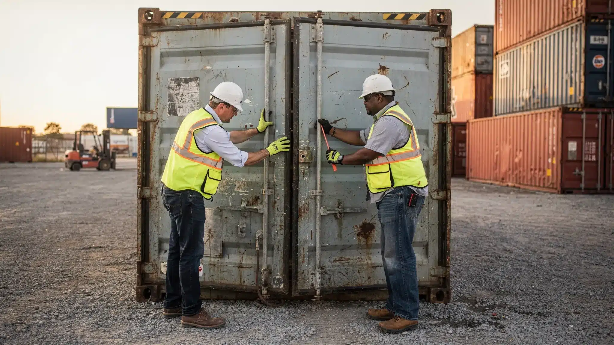 Conex Containers for Sale Near Me: Inspection Checklist 1 A buyer and yard staff inspecting a used conex shipping container, focusing on door operation and gasket seal condition, with the container placed on level ground in an outdoor storage yard.