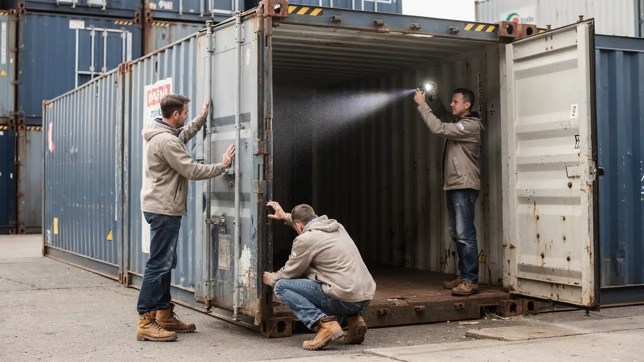 A buyer inspecting a used shipping container: checking the door seals, looking along the bottom rails for rust, and shining a flashlight at the interior roof to spot pinholes.