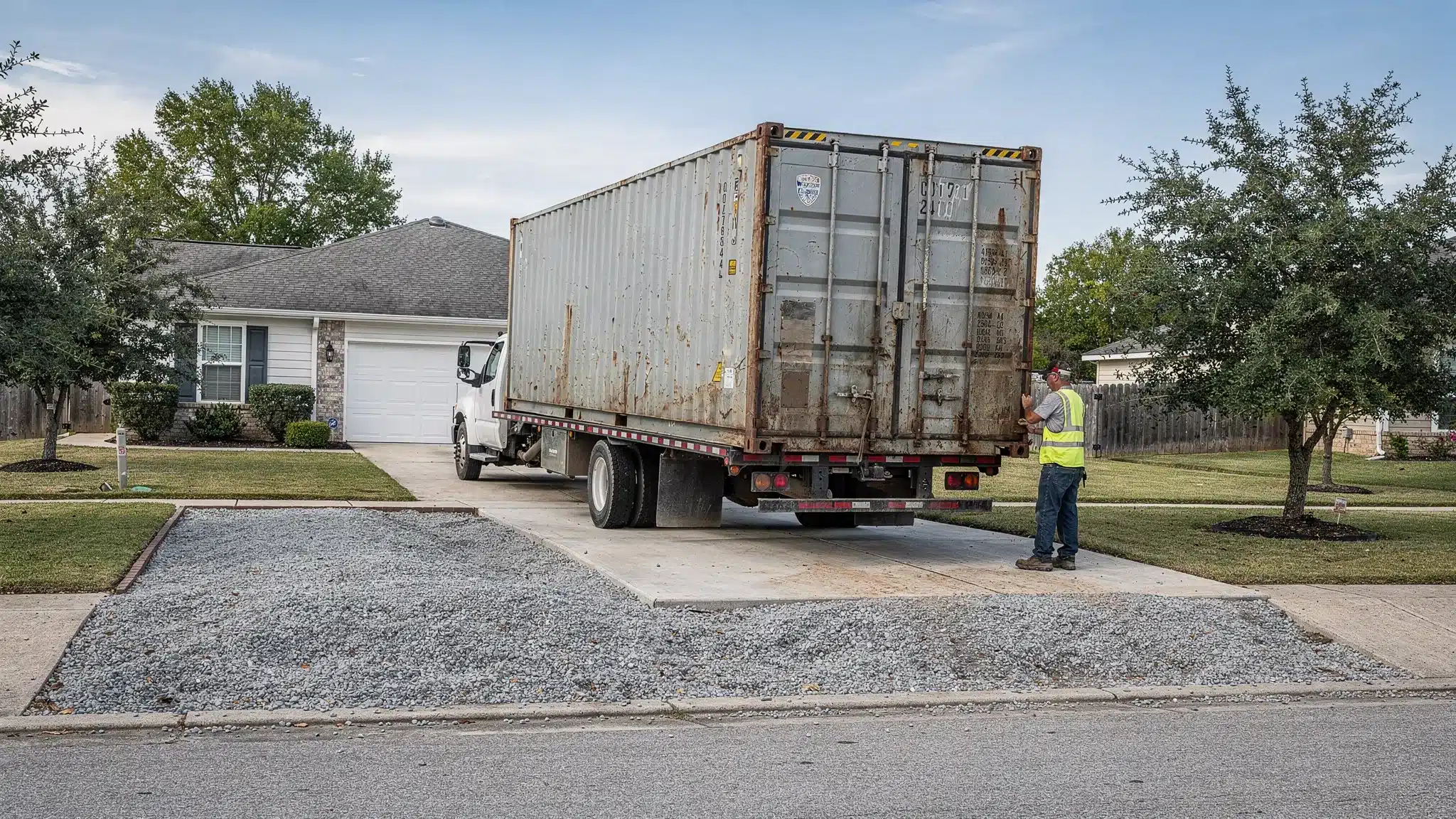 Shipping Containers Near Me: How to Vet Sellers Fast 1 A delivery driver drops a steel shipping container from a tilt-bed truck onto level gravel at a residential driveway, with the container doors facing the access route and enough clearance for delivery.