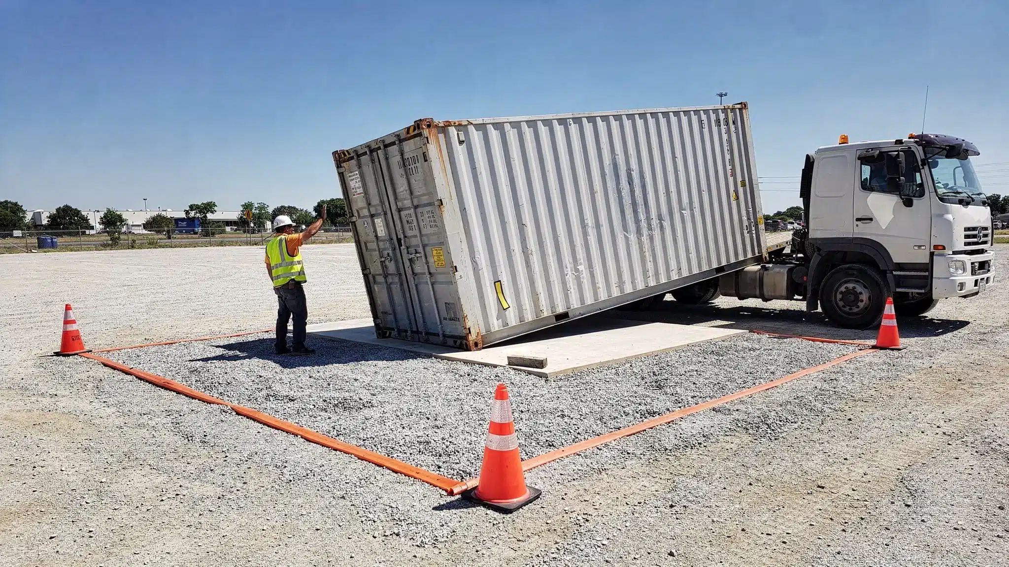 A delivery scene showing a tilt-bed truck placing a shipping container onto a level gravel pad with clear overhead space, with cones marking the drop zone.