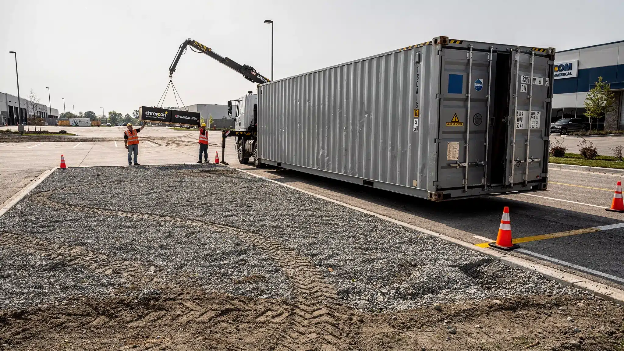 Standard Shipping Container Sizes: 10ft to 45ft Explained 2 A delivery truck placing a shipping container onto a prepared gravel pad at a commercial site, with clear space marked for truck access and container door swing.