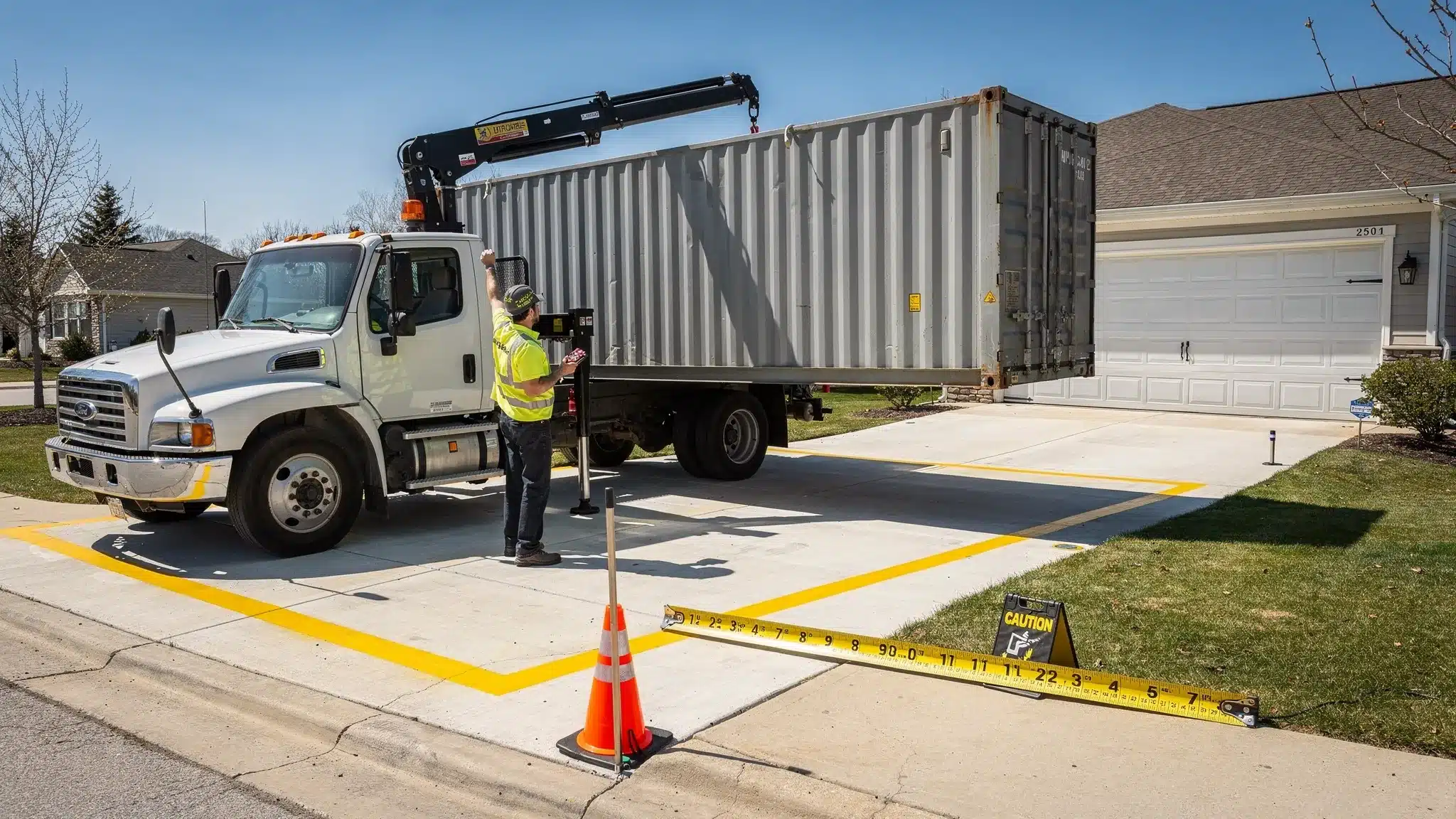 A delivery truck positioning a shipping container at a residential driveway with clear overhead space, a marked drop zone, and visible measuring tape showing clearance planning.
