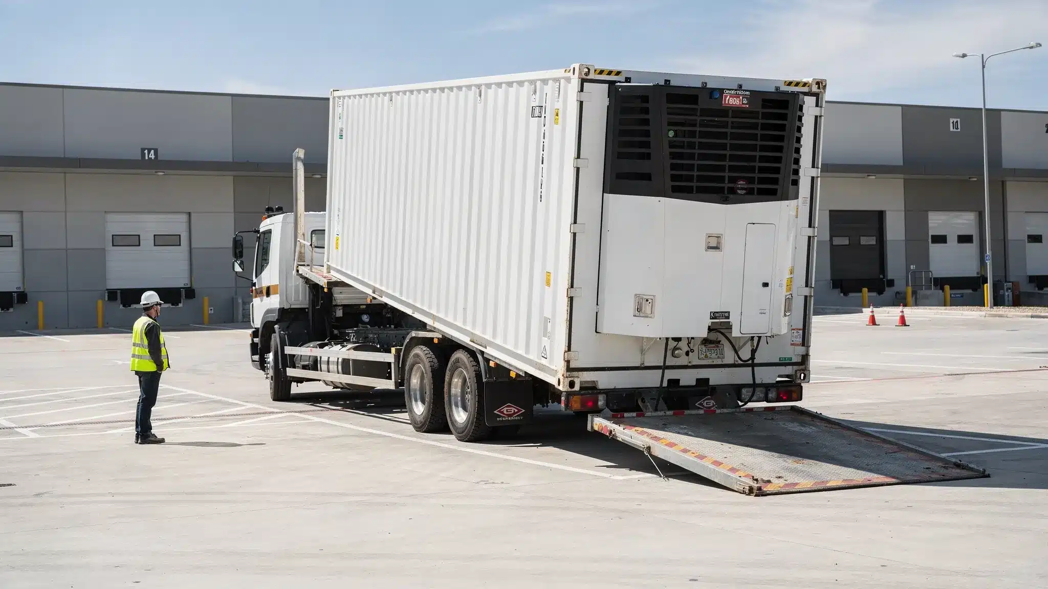A refrigerated (reefer) shipping container being delivered on a tilt-bed truck to a commercial site, with clear view of the refrigeration unit end and ample clearance for offload.