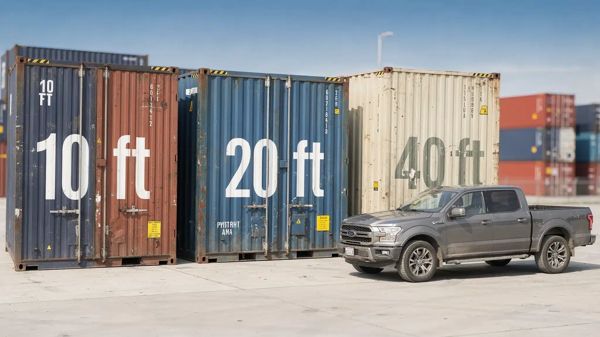 A row of 10ft, 20ft, and 40ft shipping containers parked side-by-side in a U.S. container yard, each clearly labeled by size, with a pickup truck nearby for scale and clear daytime lighting.