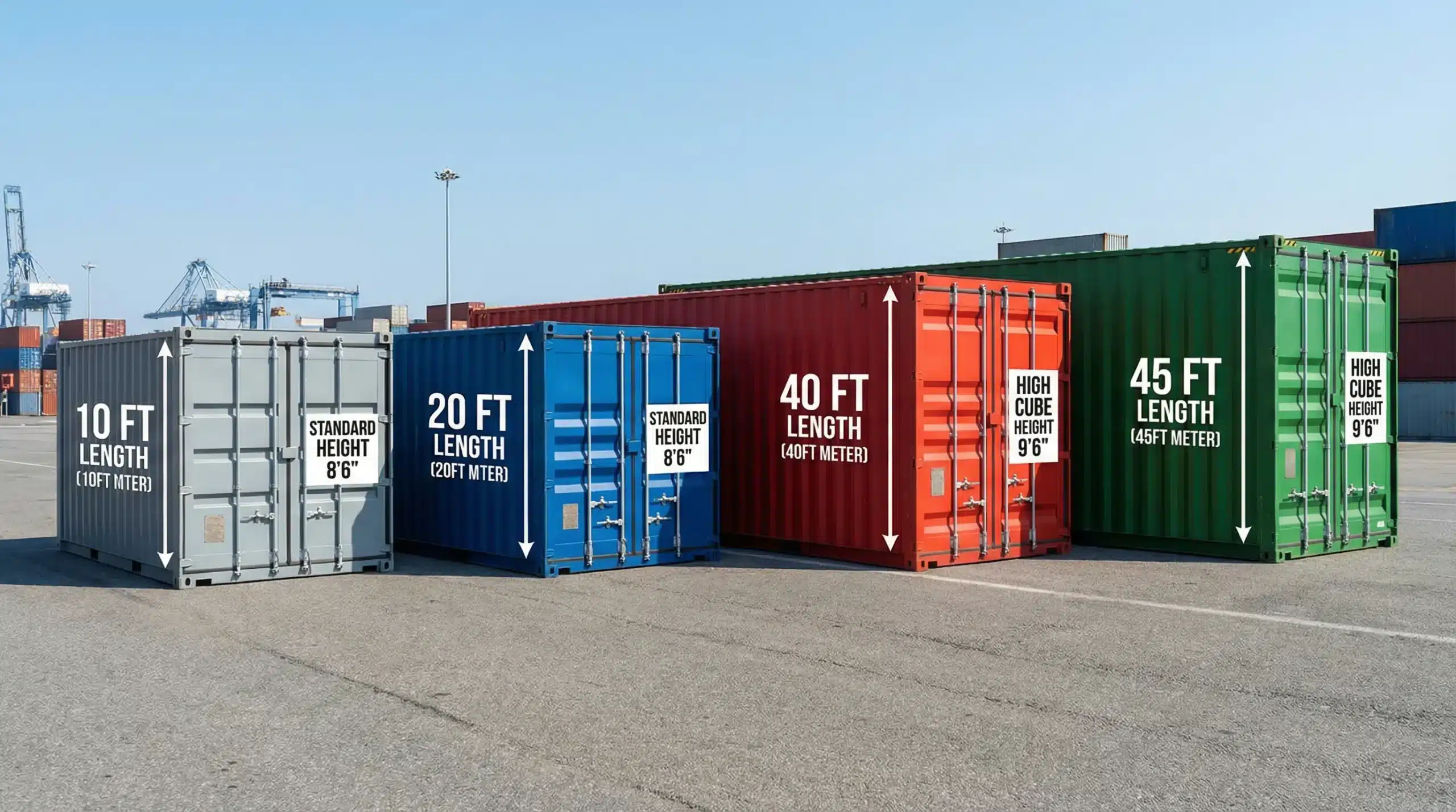 Standard Shipping Container Sizes: 10ft to 45ft Explained 1 A simple comparison lineup of shipping containers in 10ft, 20ft, 40ft, and 45ft lengths, shown from the side with labeled length and height markers for standard and high cube.