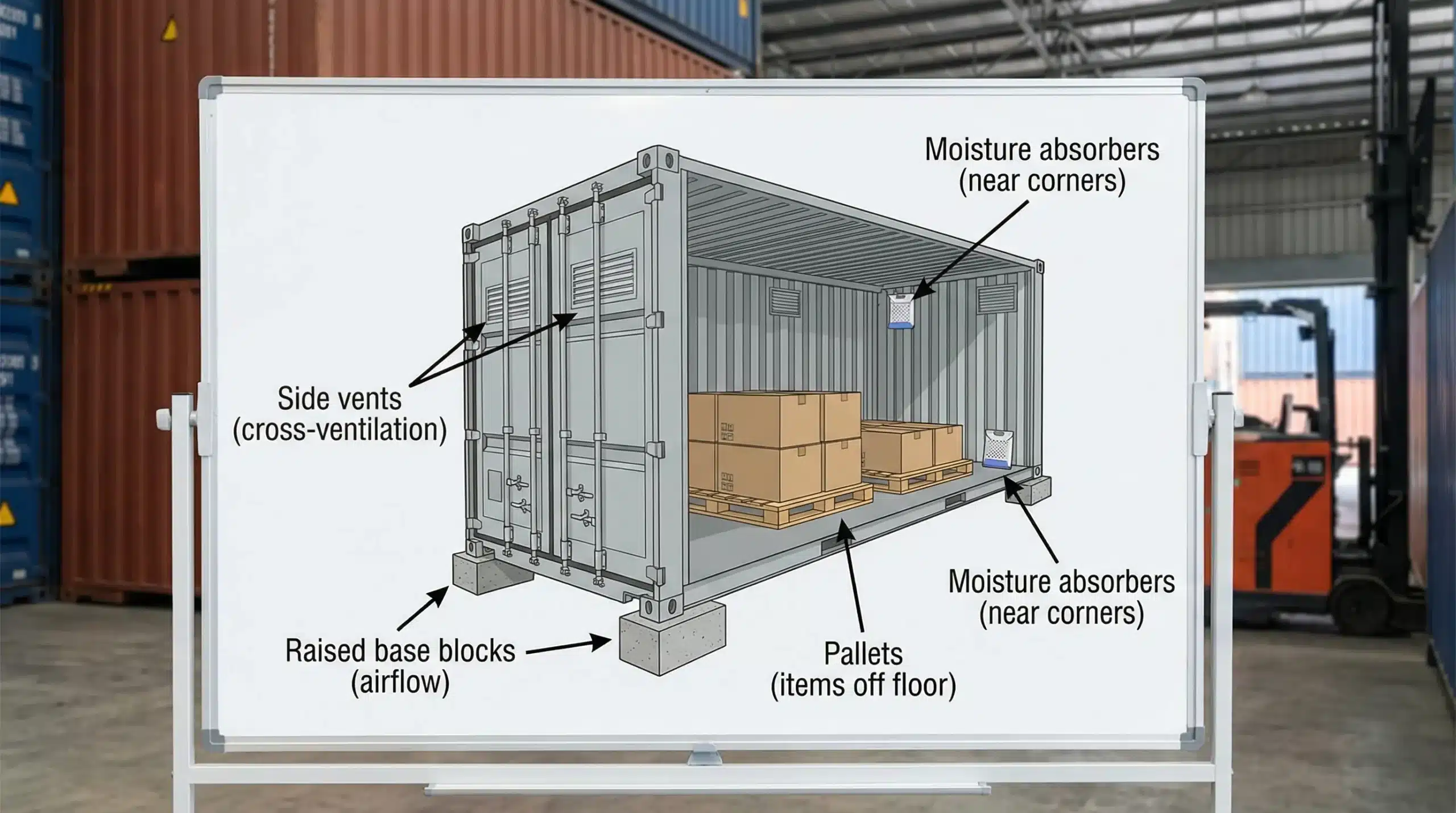 A simple diagram showing a shipping container storage setup with four labeled elements: raised base blocks for airflow underneath, two side vents for cross-ventilation, pallets keeping items off the floor, and moisture absorbers placed near corners inside.