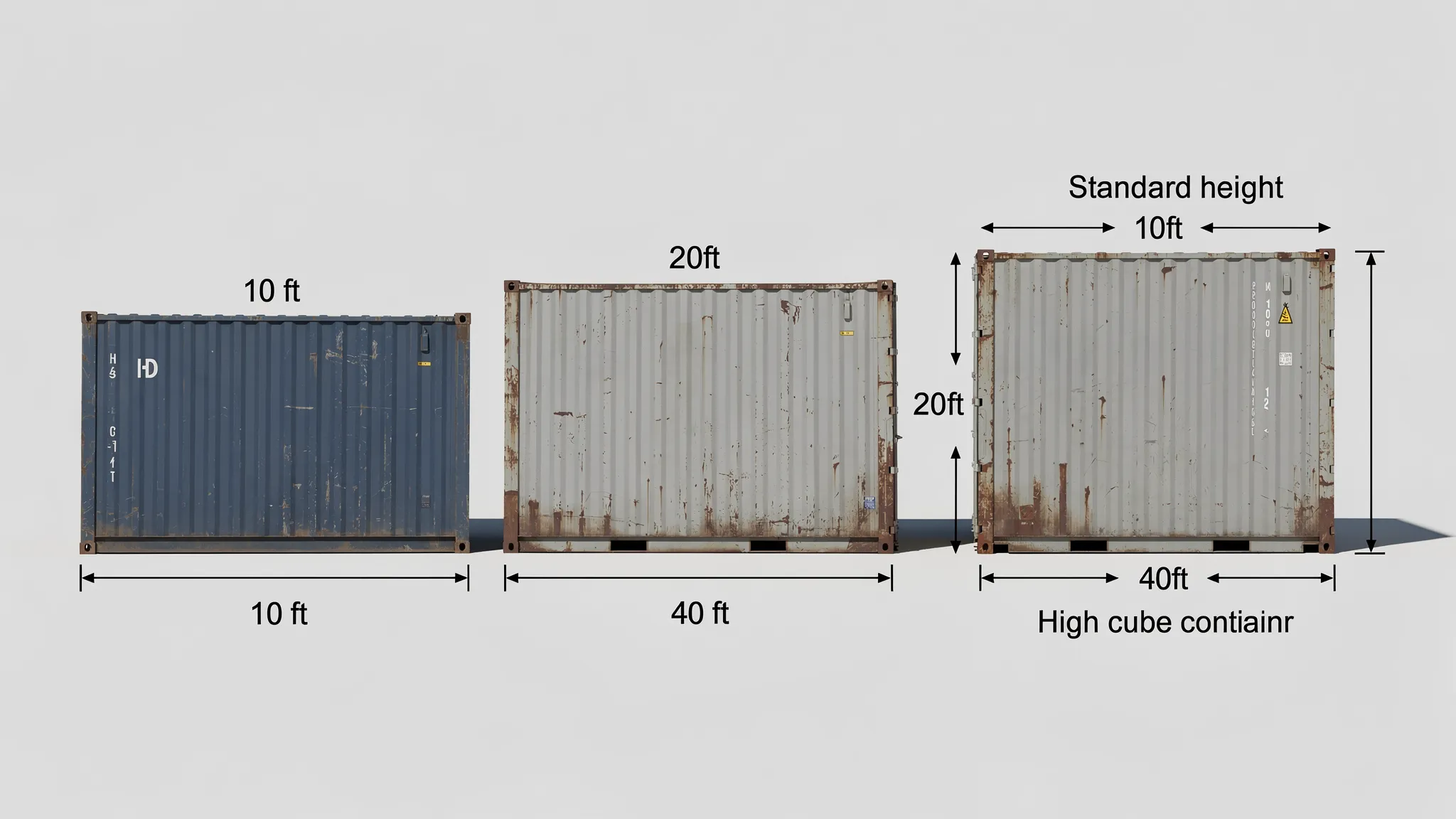 A simple illustration showing 10ft, 20ft, and 40ft shipping containers side by side with labeled length and height, including a standard container and a high cube container for height comparison.