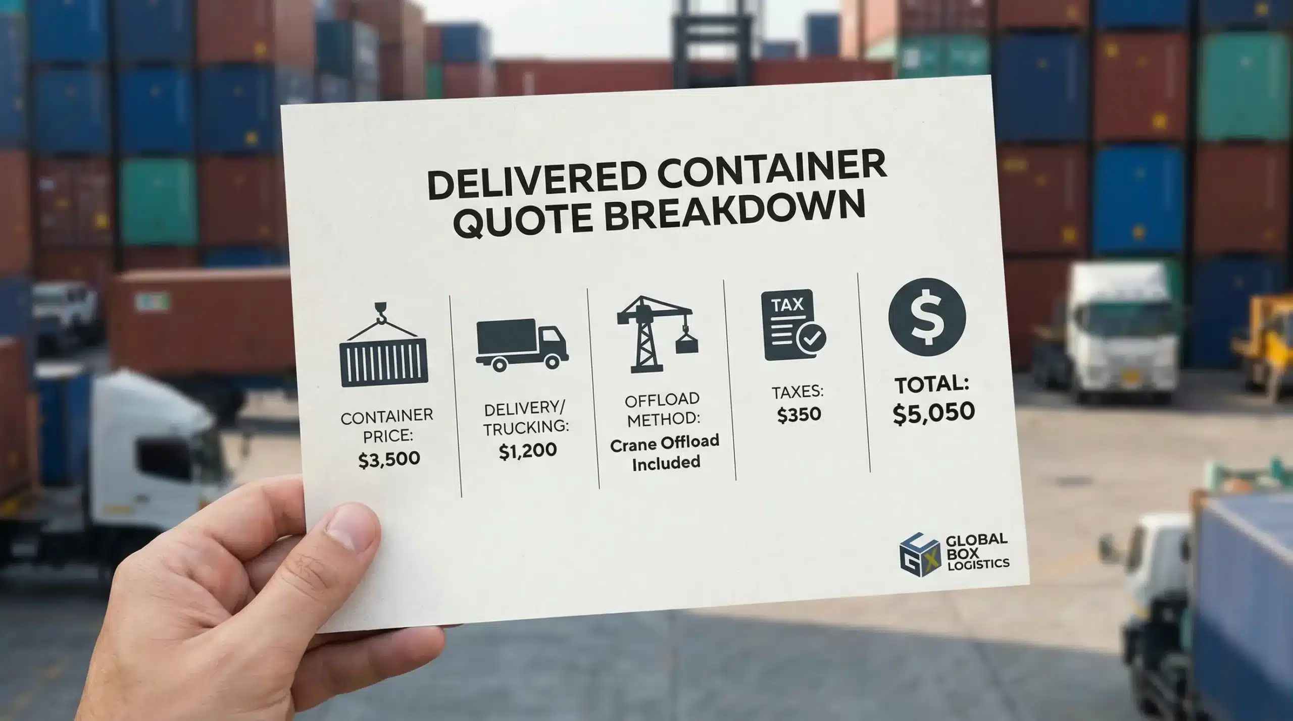 A simple infographic-style breakdown of a delivered shipping container quote showing line items like container price, delivery/trucking, offload method, taxes, and total.