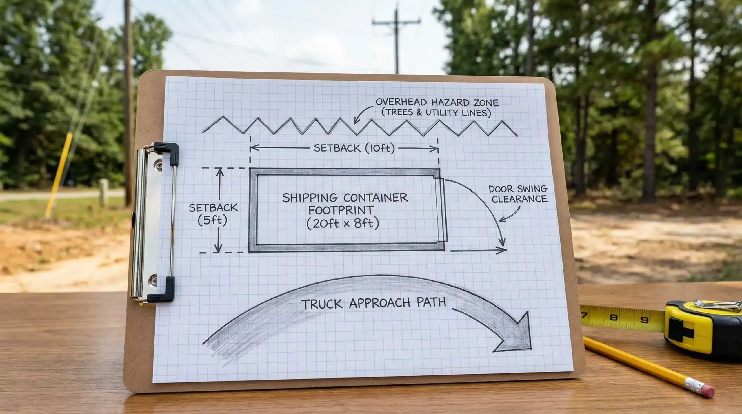 A simple site-prep diagram showing a rectangular shipping container footprint with labeled setbacks, door swing clearance, truck approach path, and overhead hazard zone (trees and utility lines).