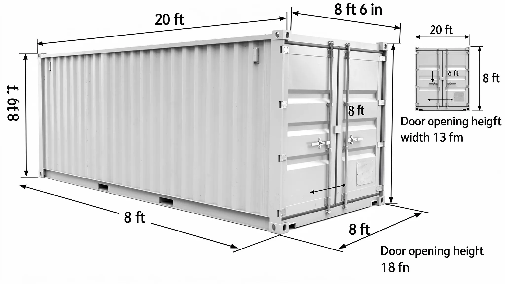 A standard 20ft x 8ft shipping container shown in a simple size callout, with arrows labeling external length (20 ft), width (8 ft), height (8 ft 6 in), and a separate callout for the door opening width and height.