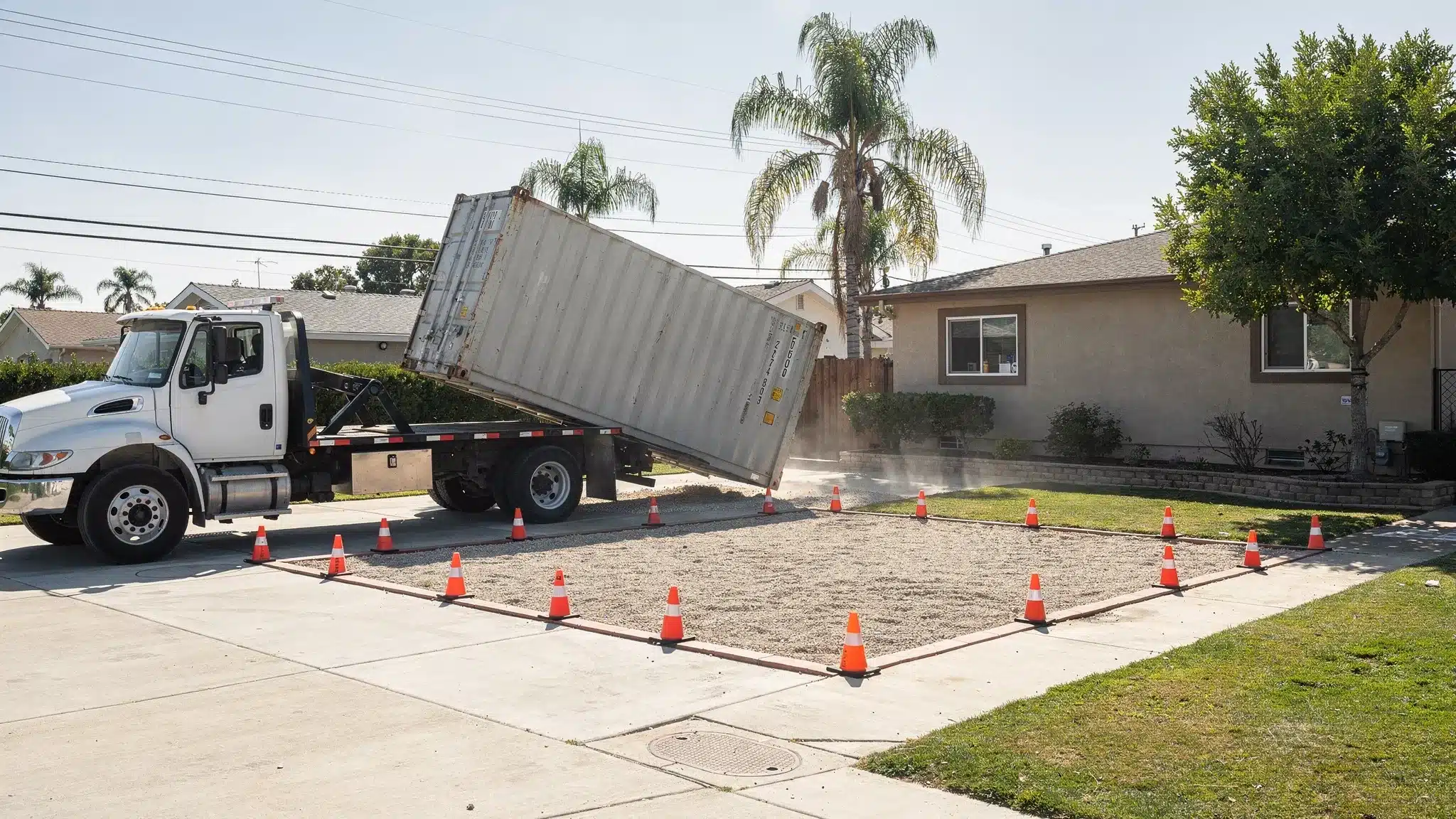 Storage Containers for Sale Los Angeles: Delivery Checklist 1 A tilt-bed delivery truck offloading a shipping container onto a prepared gravel pad at a Los Angeles-style property, with clear driveway access, cones marking the drop zone, and visible overhead clearance from power lines and trees.
