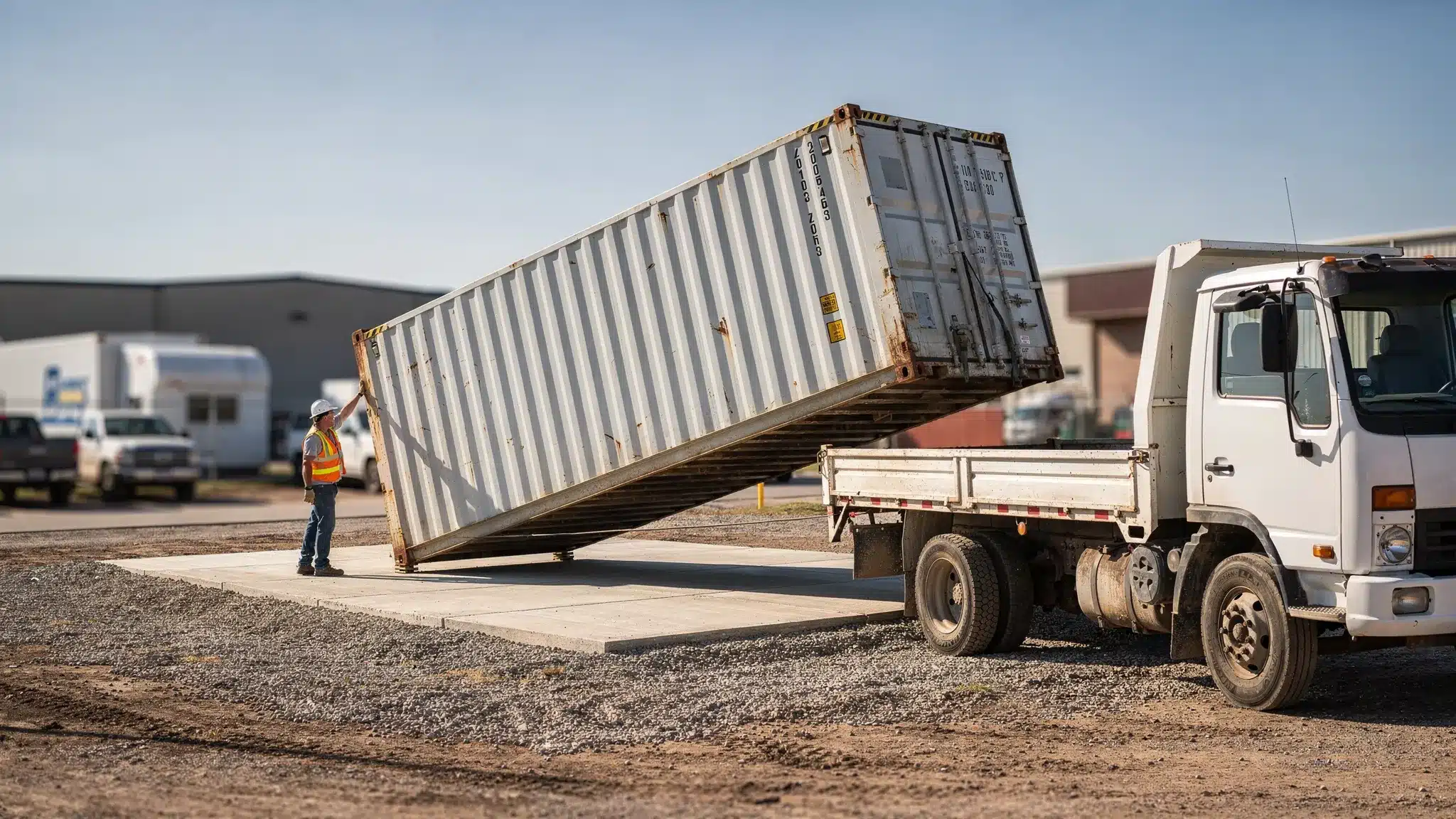 A tilt-bed delivery truck placing a 20ft shipping container onto a level gravel pad at a small business site, with clear overhead space and a driver guiding placement.