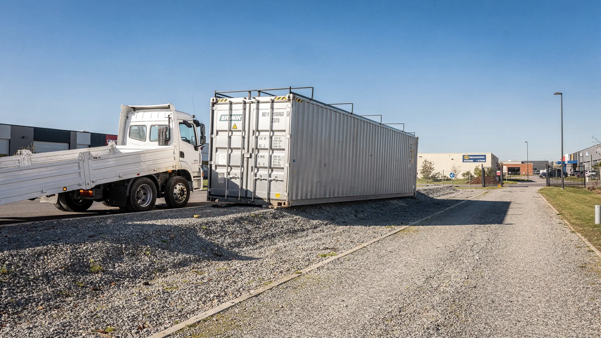 Secure Storage Containers for Sale: Locks, Doors, Upgrades 2 A tilt-bed delivery truck unloading a steel shipping container onto a level gravel pad at a commercial property, with clear overhead space and the container doors facing an accessible lane for secure locking.