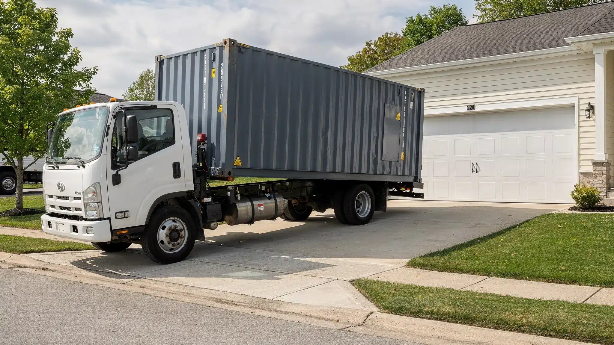 A tilt-bed truck delivering a 20ft shipping container to a residential driveway, with clear access space, level ground, and the container being carefully positioned near a garage.
