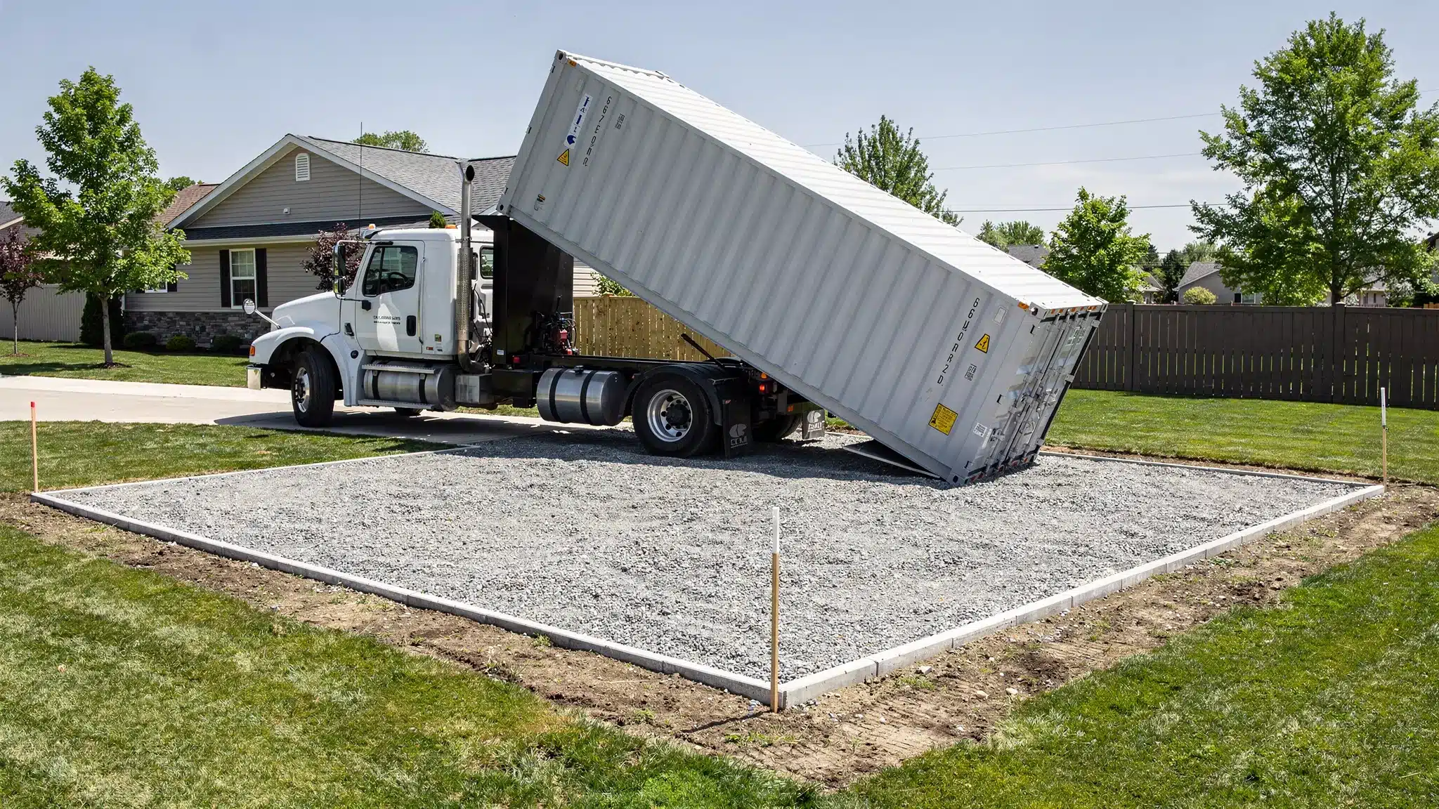 A tilt-bed truck delivering a 20ft shipping container onto a level gravel pad at a residential property, with clear overhead space and marked placement area.