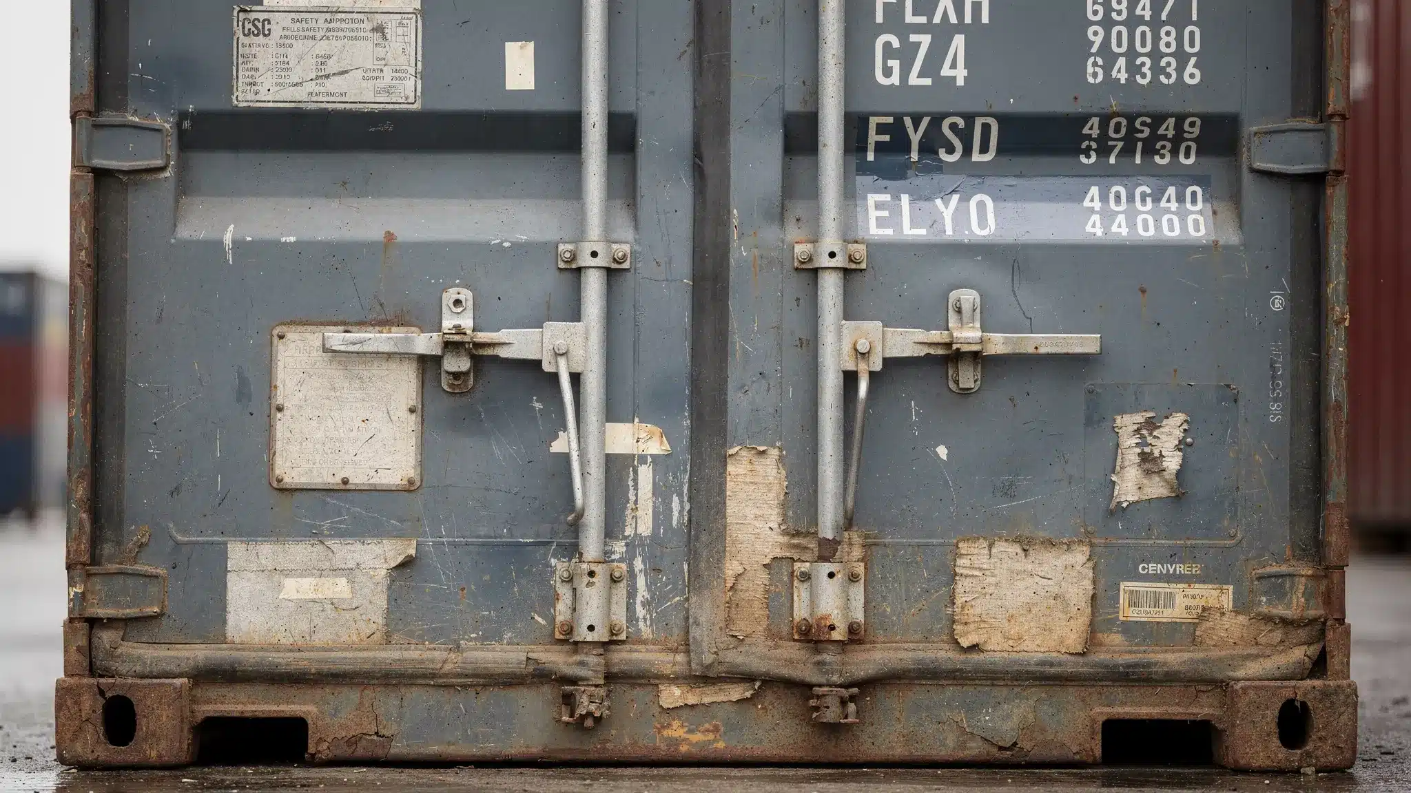 Close-up of a shipping container door showing typical grade cues: the CSC plate, container number markings, door gaskets, locking bars, and areas where rust or patches commonly appear.