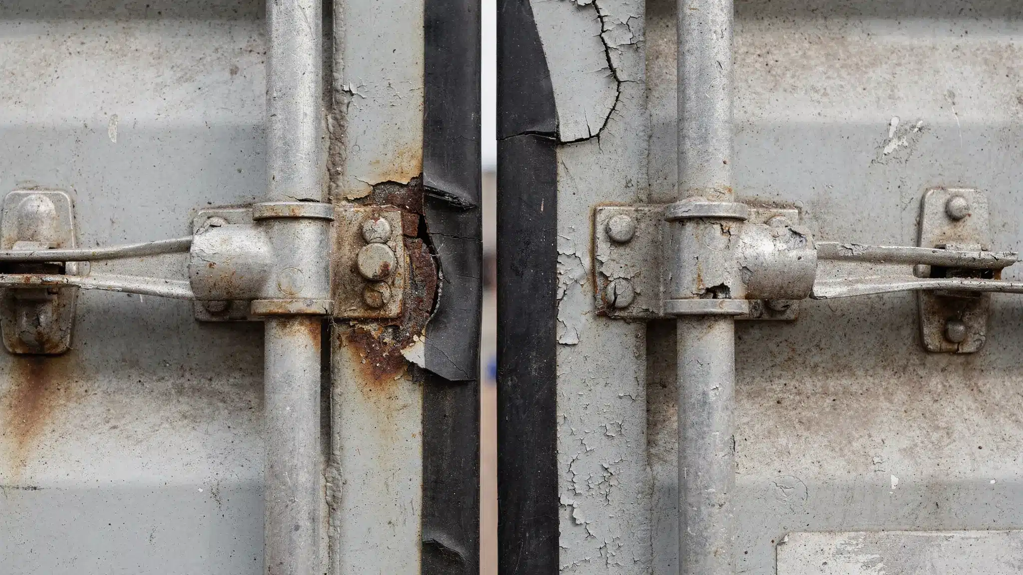 Conex Containers for Sale Near Me: Inspection Checklist 2 Close-up view of a shipping container door gasket and locking bar hardware, showing where cracks, gaps, and corrosion typically appear during a conex container inspection.