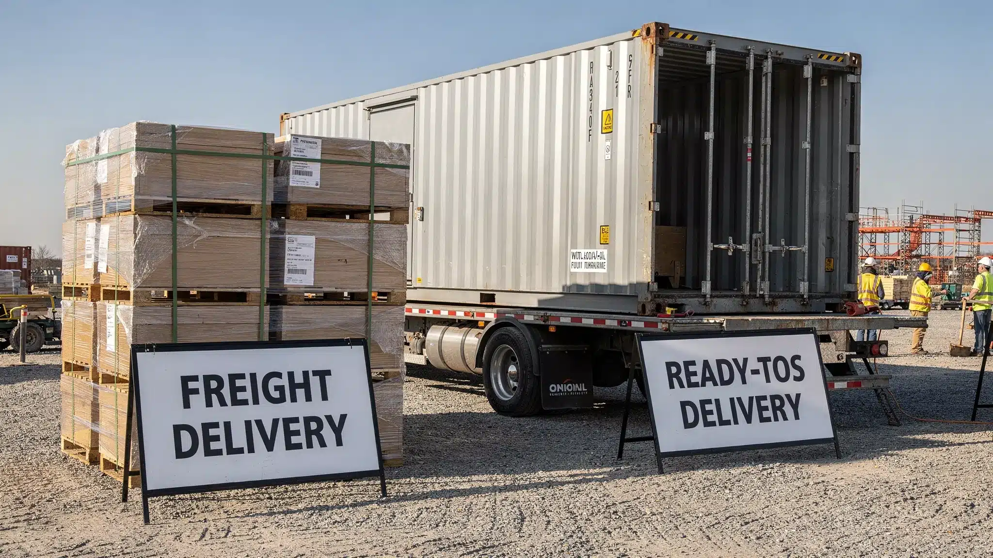 Flat Pack Shipping Container for Sale: Is It Worth It? 1 Comparison scene showing a flat pack container kit stacked on pallets next to a standard 20ft steel shipping container being delivered on a tilt-bed truck at a job site, with clear labels indicating freight delivery vs ready-to-use delivery.