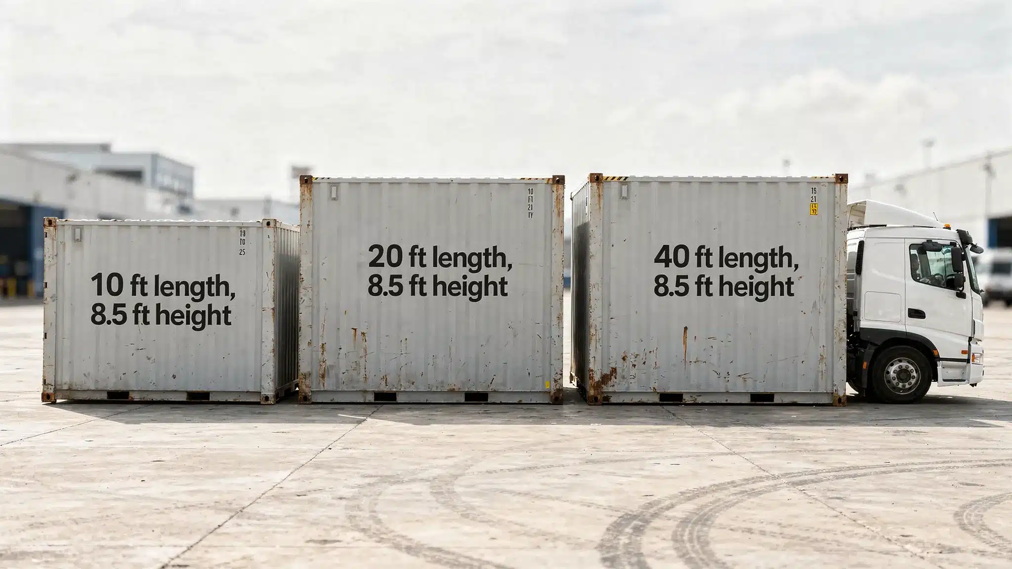 Side-by-side size comparison of 10ft, 20ft, and 40ft cargo containers with simple labels for length and height, shown on a flat lot with a delivery truck nearby.