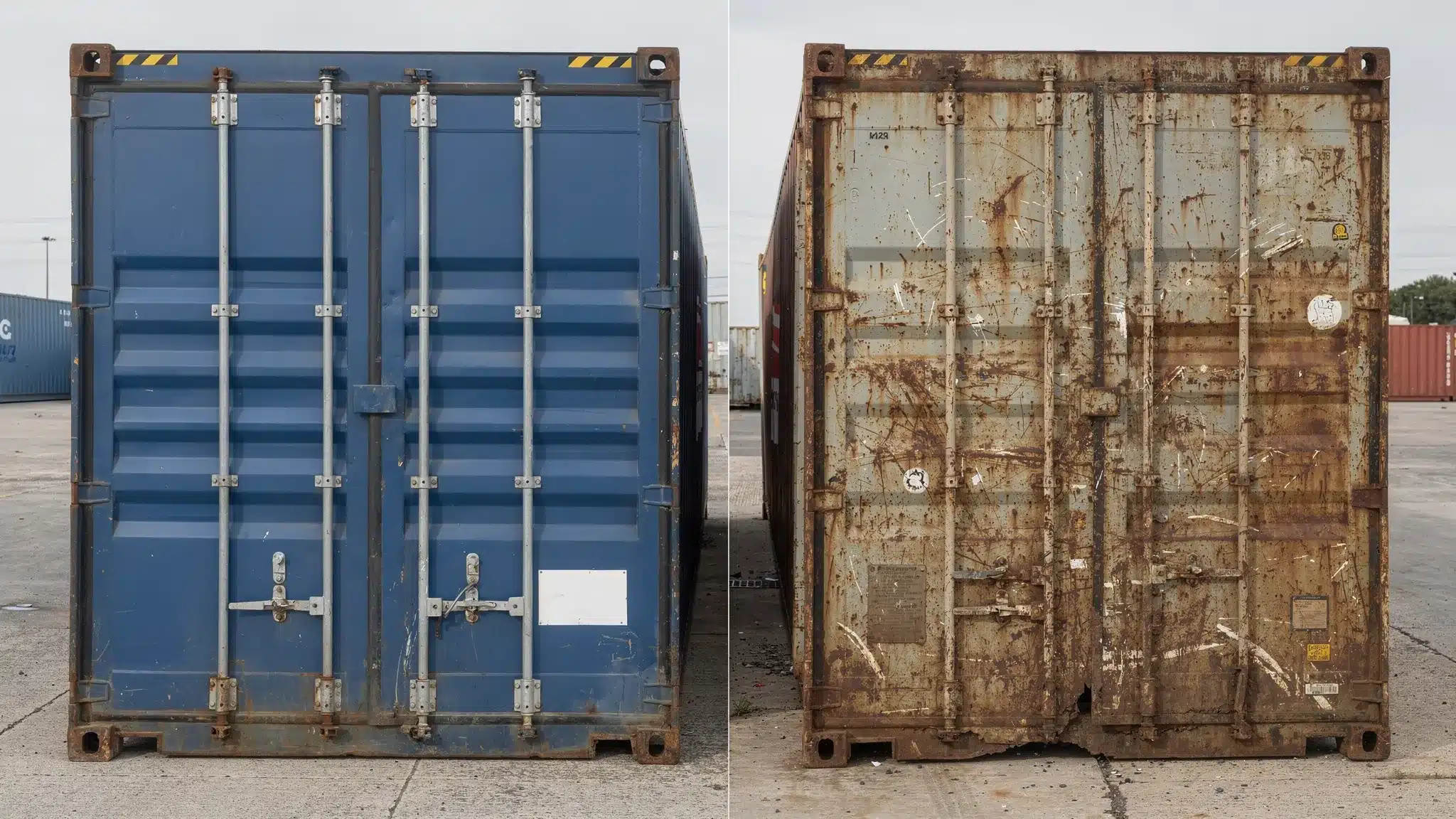 Side-by-side view of a new one-trip shipping container and a used shipping container, showing differences in paint condition, dents, door hardware wear, and overall appearance.