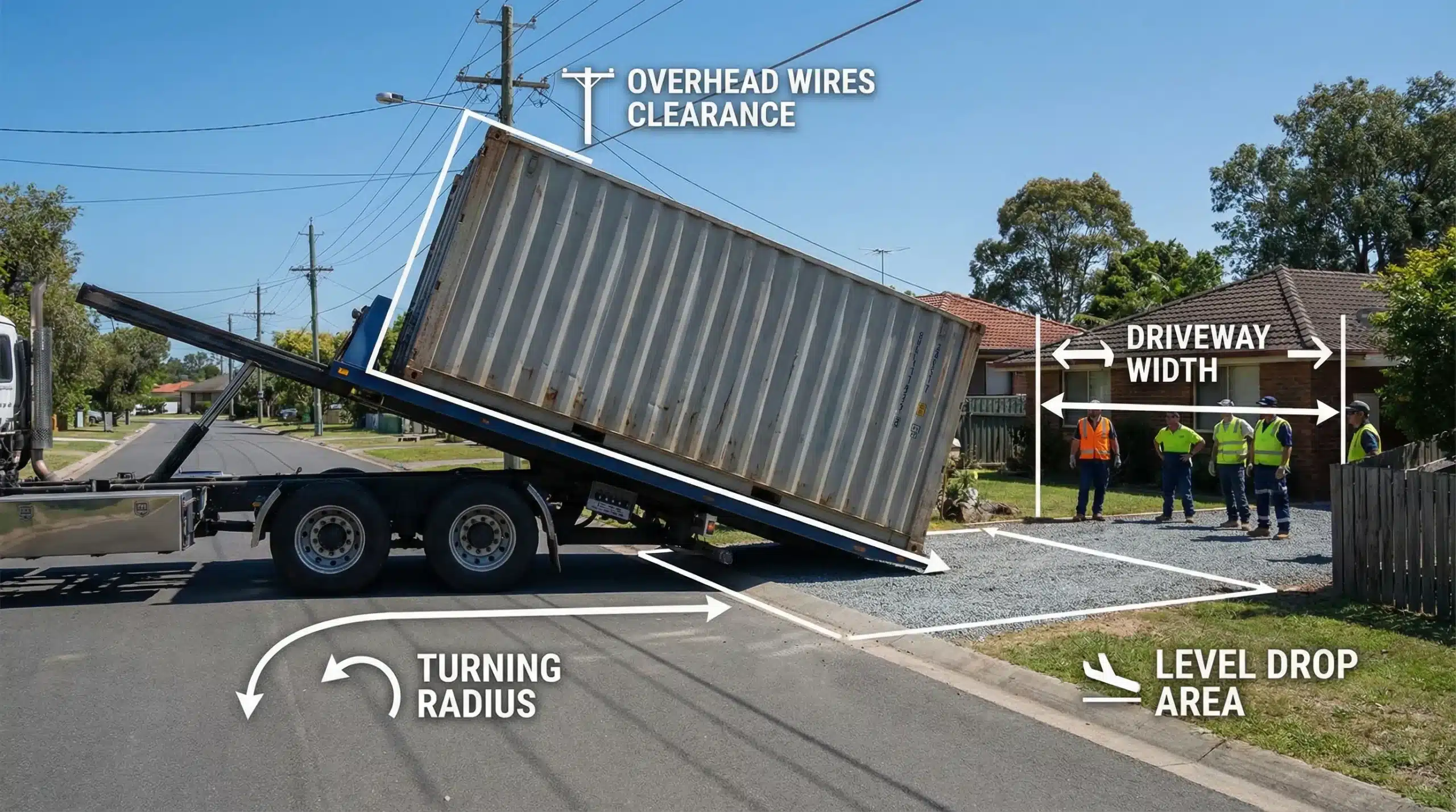 Simple U.S. delivery concept illustration showing a shipping container being delivered by a tilt-bed truck with labeled clearance needs: overhead wires, driveway width, turning radius, and level drop area.