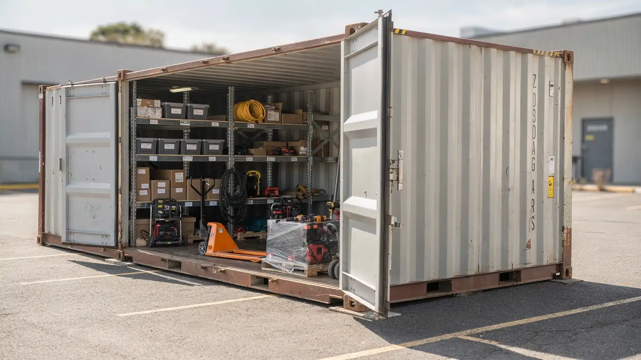 A 20ft open side shipping container placed on a commercial lot with the long side doors fully open, showing wide access to organized pallet racks and staged equipment inside.