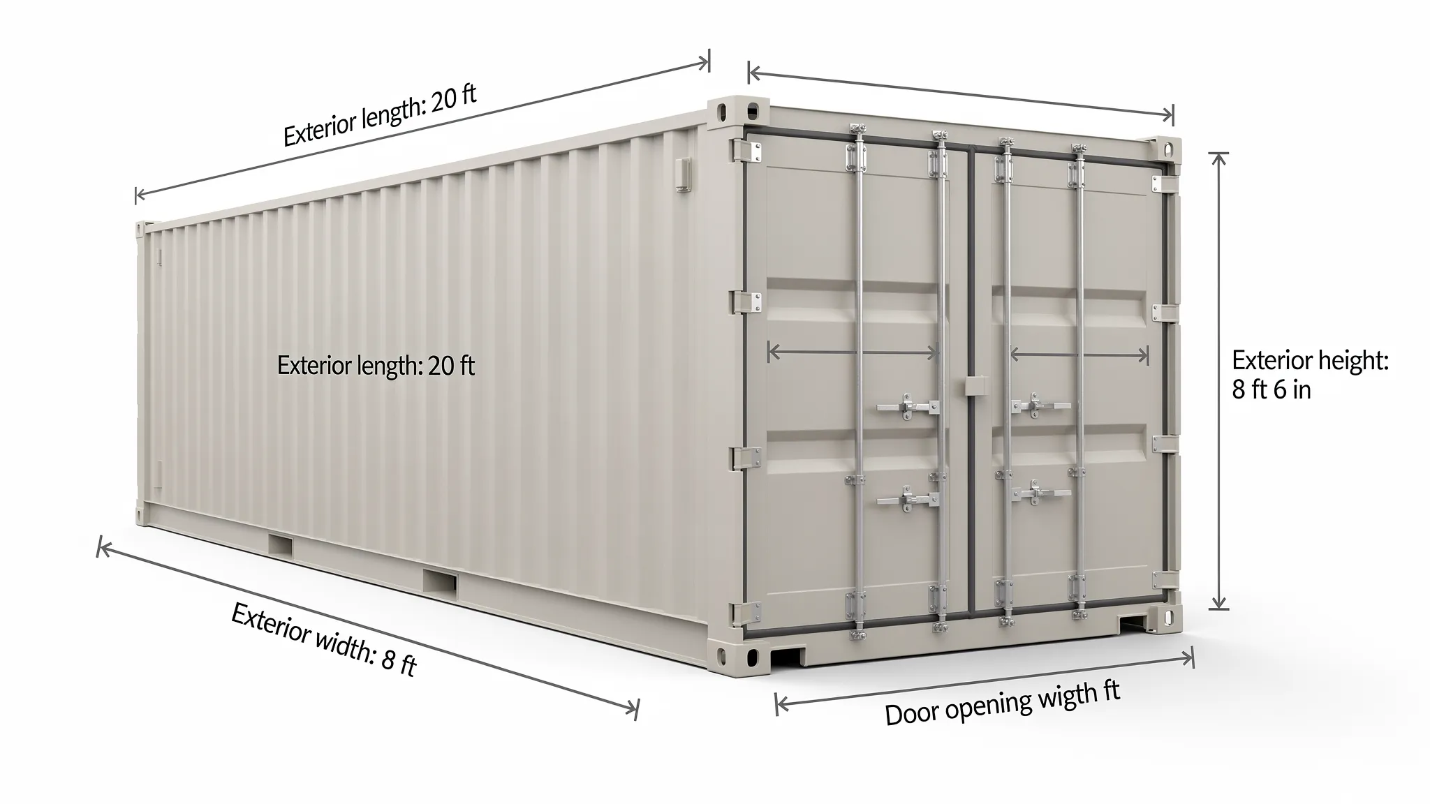 A 20ft standard shipping container shown from a slight angle with simple callouts for exterior length (20 ft), width (8 ft), height (8 ft 6 in), and door opening width and height.