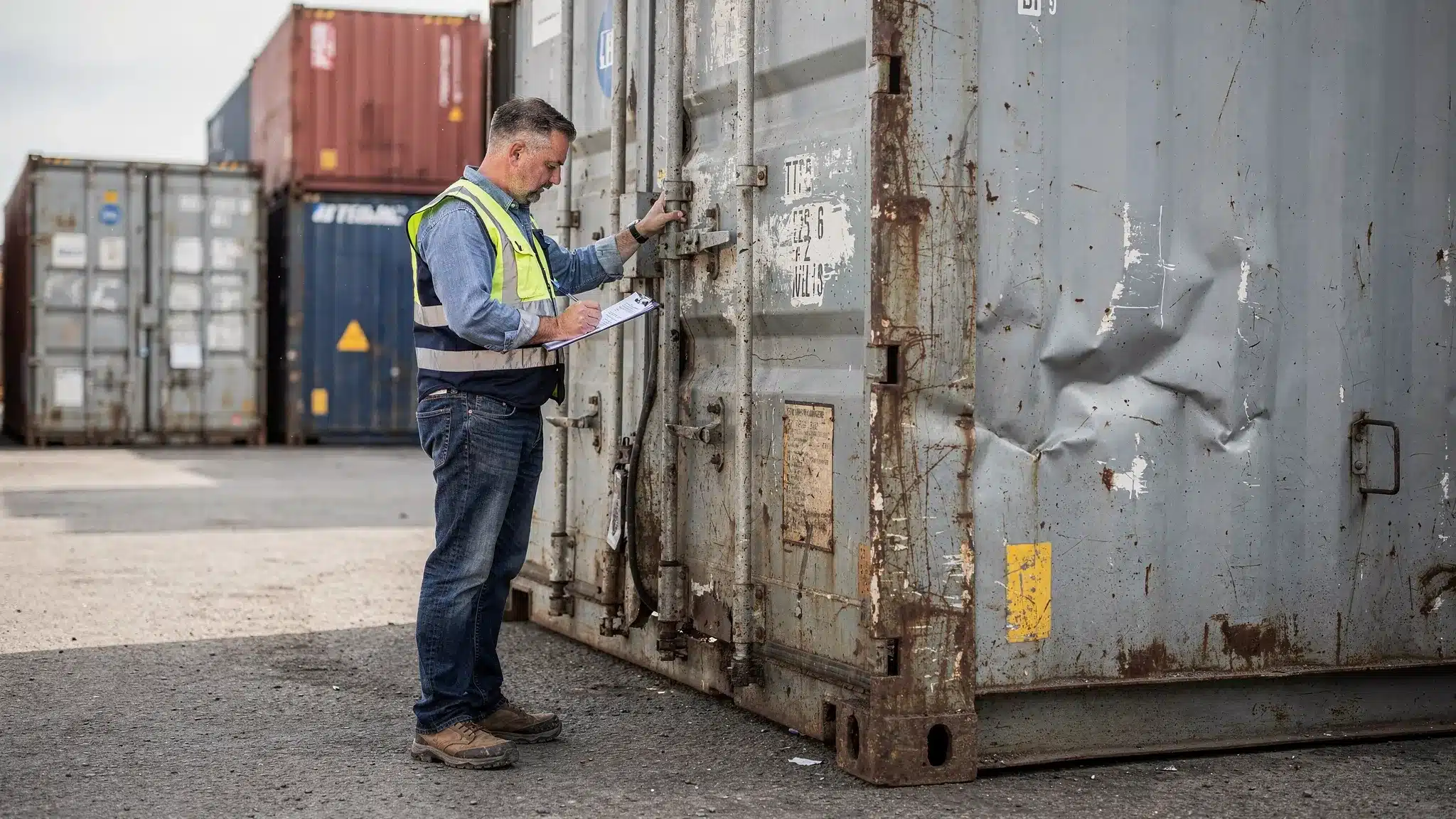 Used Cargo Containers for Sale: Inspection Checklist for Buyers 1 A buyer inspecting a used shipping container at a storage yard, checking the door seals and hinges, with a clipboard for notes and visible sidewall dents and surface rust on the container.