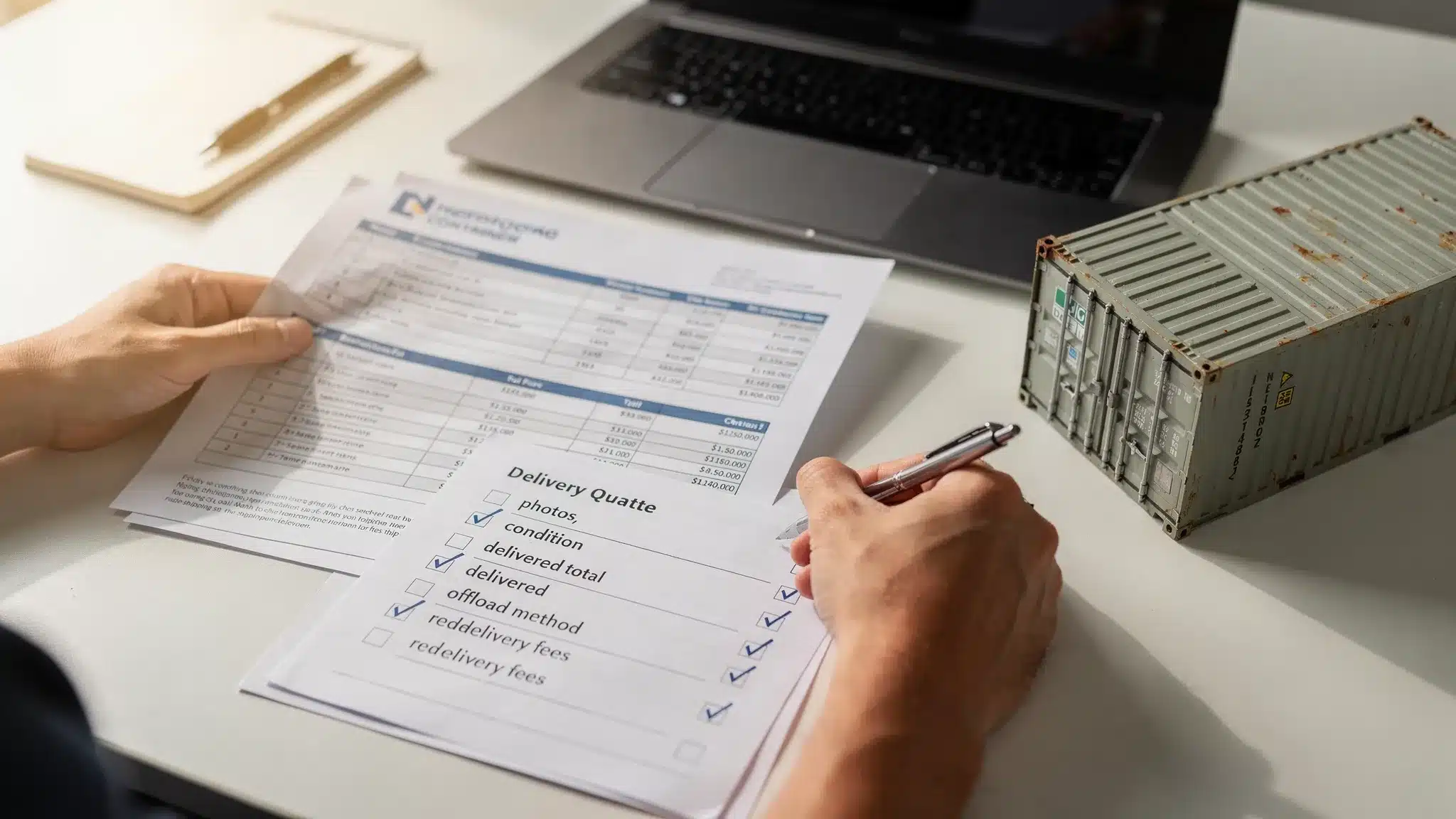 Buy Shipping Container: Avoid Scams and Hidden Delivery Fees 1 A buyer reviewing a shipping container listing and an itemized delivery quote side-by-side on a desk, with a printed checklist labeled “photos, condition, delivered total, offload method, redelivery fees” and a small model shipping container nearby.