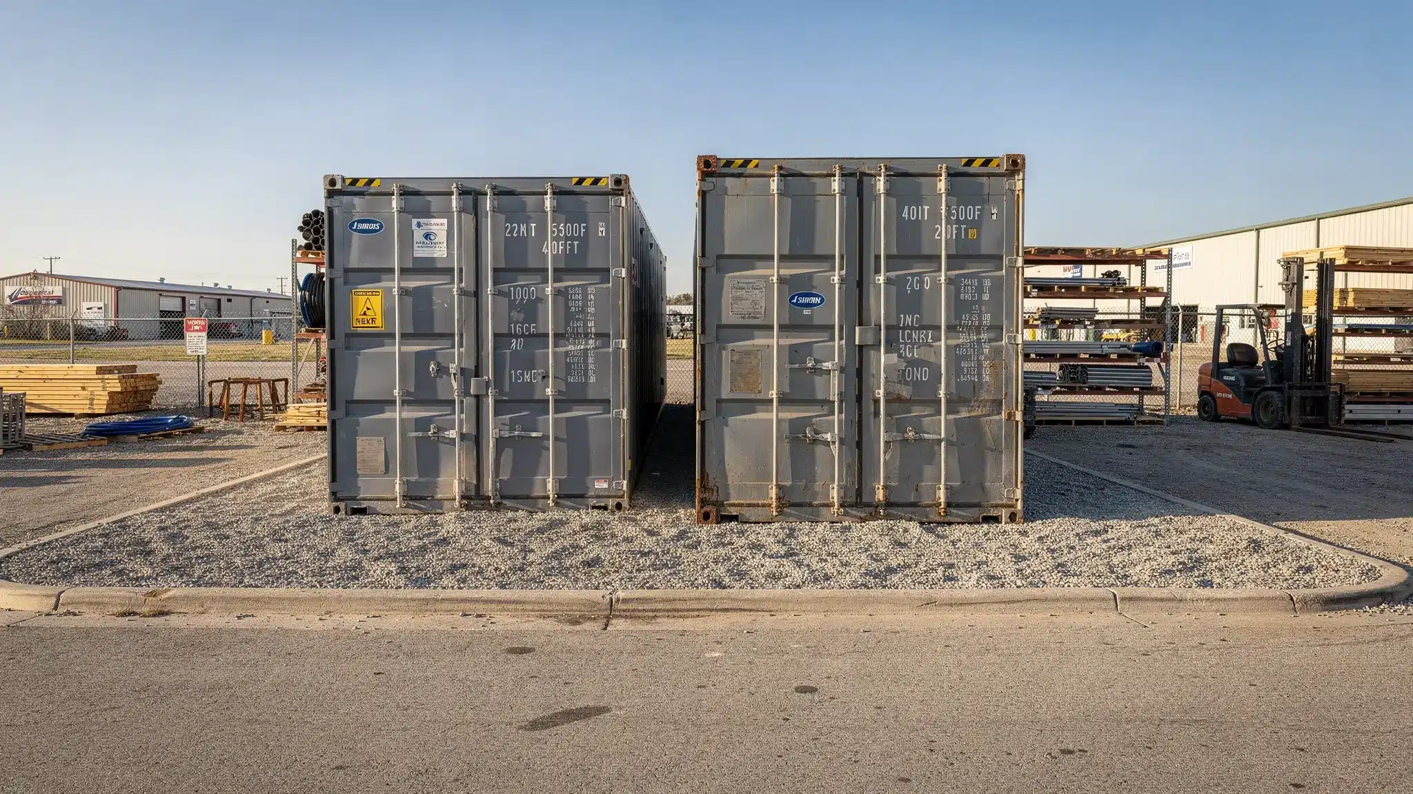 A clean 20ft and 40ft shipping container placed on prepared gravel pads at a commercial storage yard, with clear space for delivery truck access and organized equipment nearby.