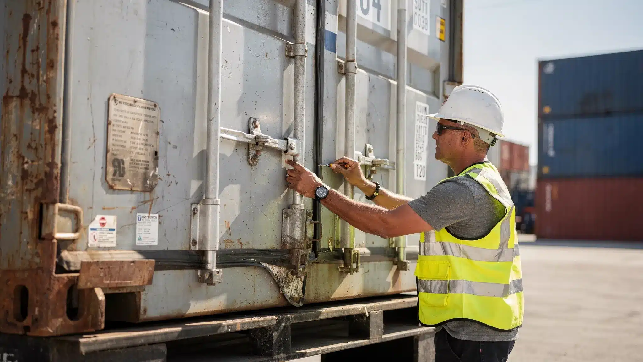 Buy 40ft High Cube Container: Site Prep and Delivery Tips 2 A close-up scene of a buyer inspecting shipping container doors and seals on delivery day, checking locking bars and looking along the door gasket line, with the container on level blocking.