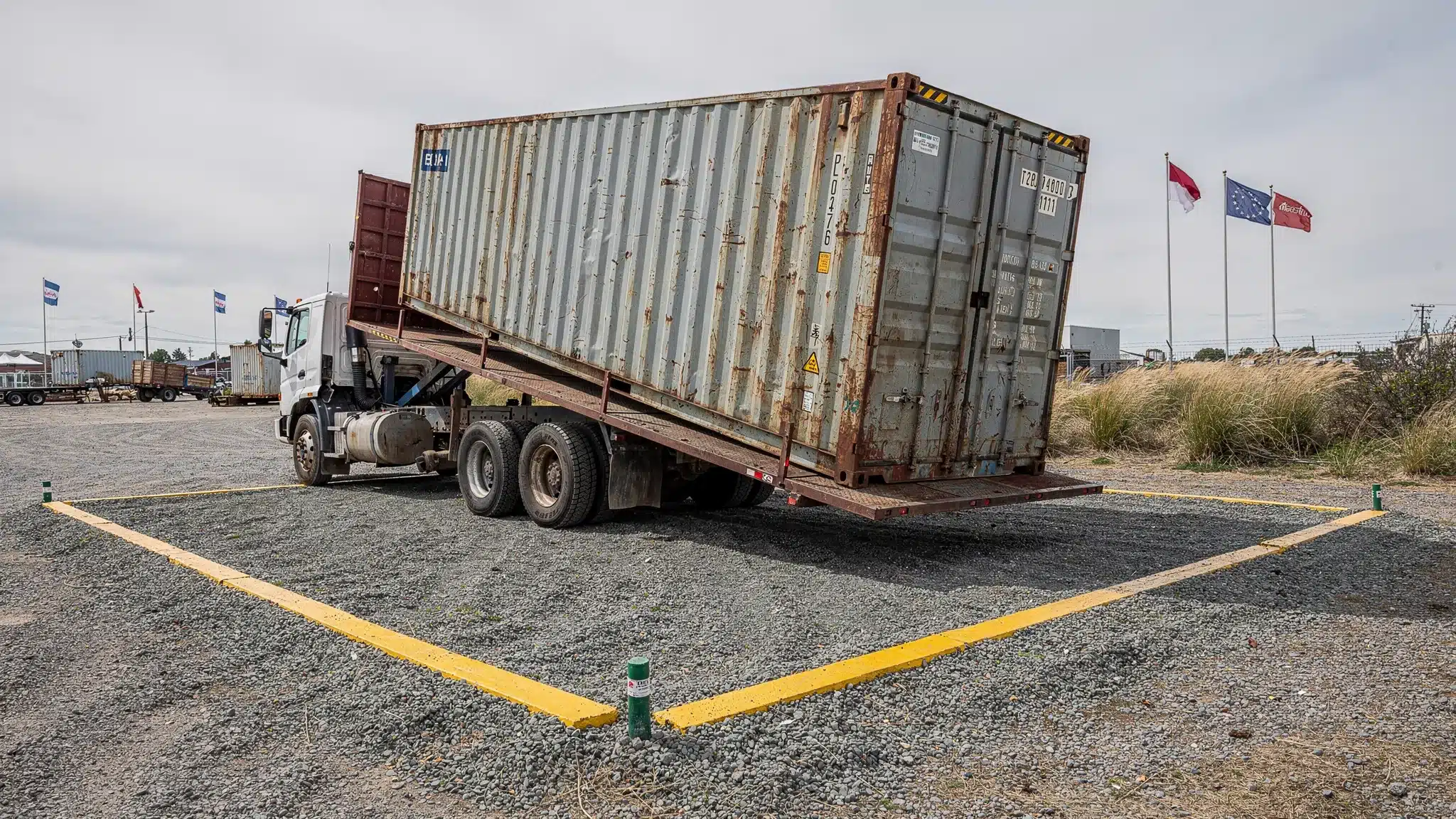 A delivery driver places a 40ft used shipping container using a tilt-bed truck on a prepared gravel pad. The image shows clear overhead space, a marked placement area, and the container doors oriented away from prevailing weather.