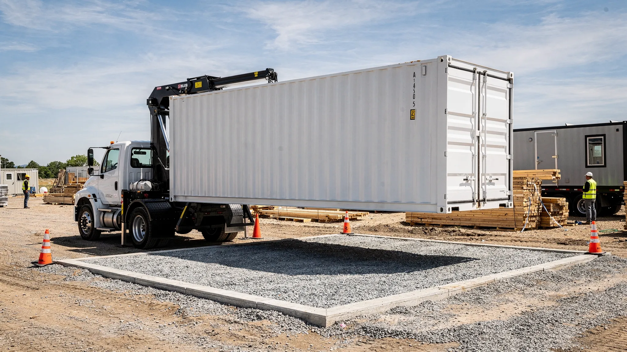 A delivery truck offloading a 40ft shipping container onto a prepared gravel pad at a U.S. jobsite, with clear space for the container doors and no overhead obstructions.