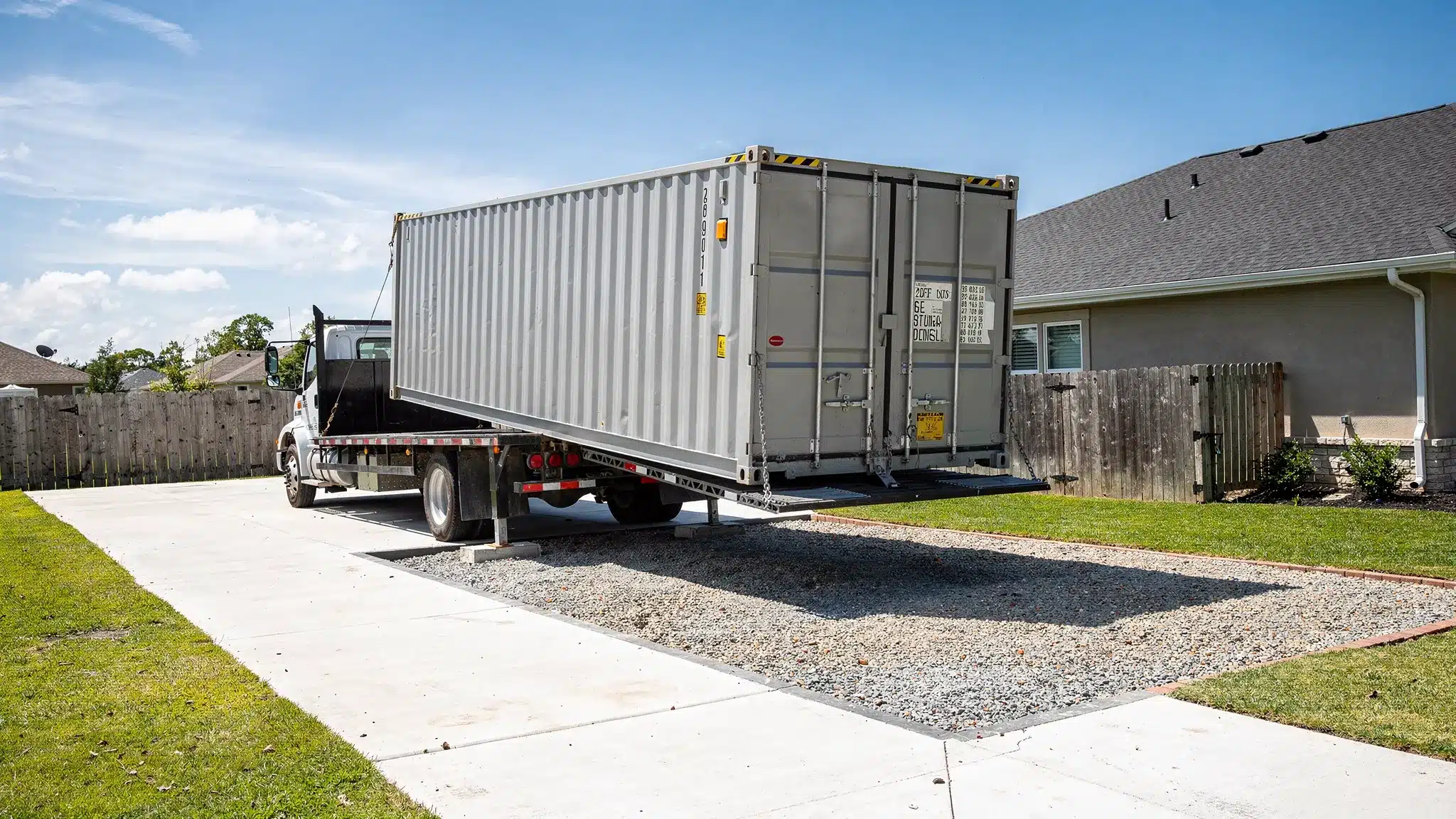 A delivery truck placing a 20ft shipping container onto a prepared gravel pad at a residential property, showing clear driveway access, overhead clearance, and the container positioned level with doors facing outward.