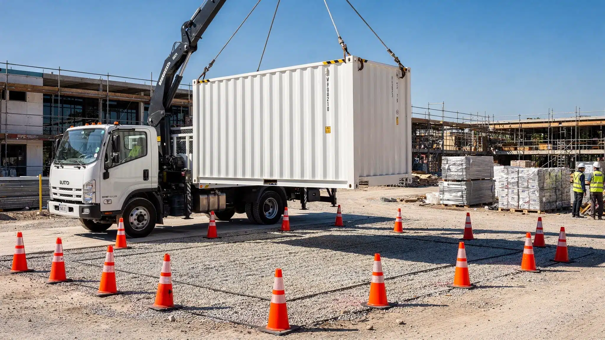 A delivery truck unloading a shipping container onto a prepared gravel pad at a construction site, with clear overhead space and cones marking the placement area.