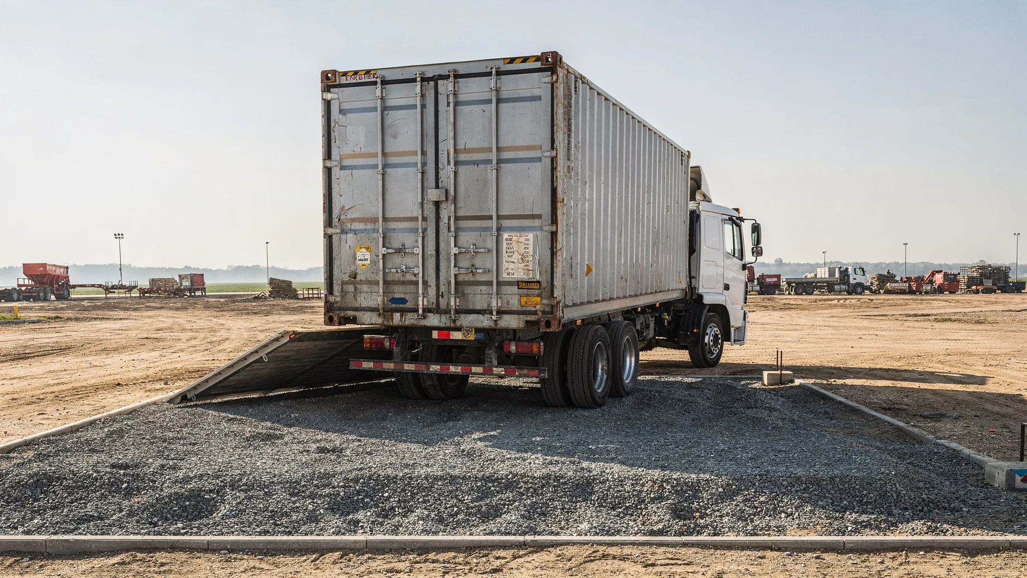A delivery truck with a tilt-bed offloading a 20ft steel shipping container onto a prepared gravel pad at a job site, with clear open space behind the truck and the container doors visible for orientation.