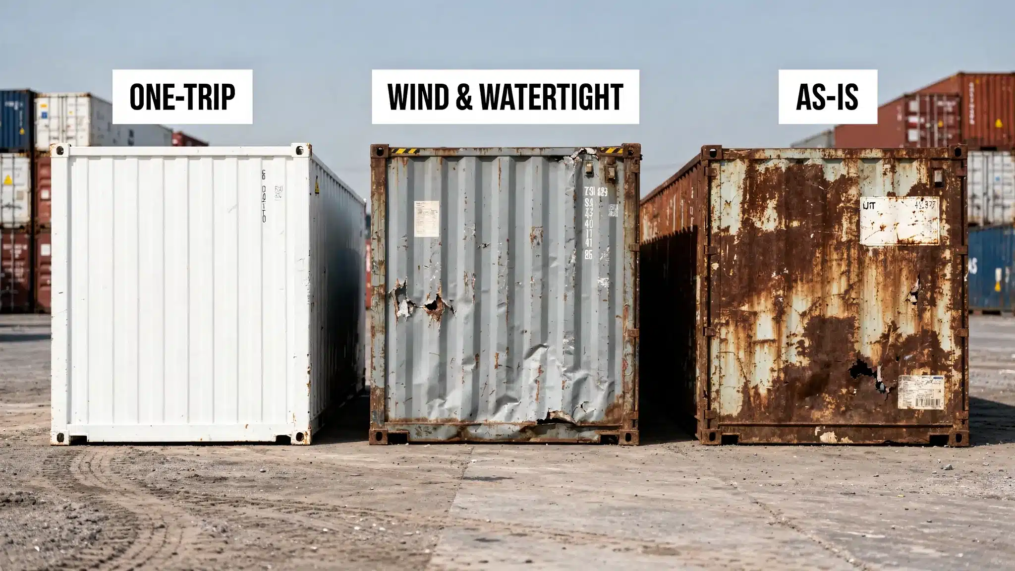 A realistic scene of three shipping containers in a yard: one newer “one-trip” looking clean, one used wind-and-watertight with cosmetic dents, and one heavily worn “as-is,” with simple labels above each showing the condition names.