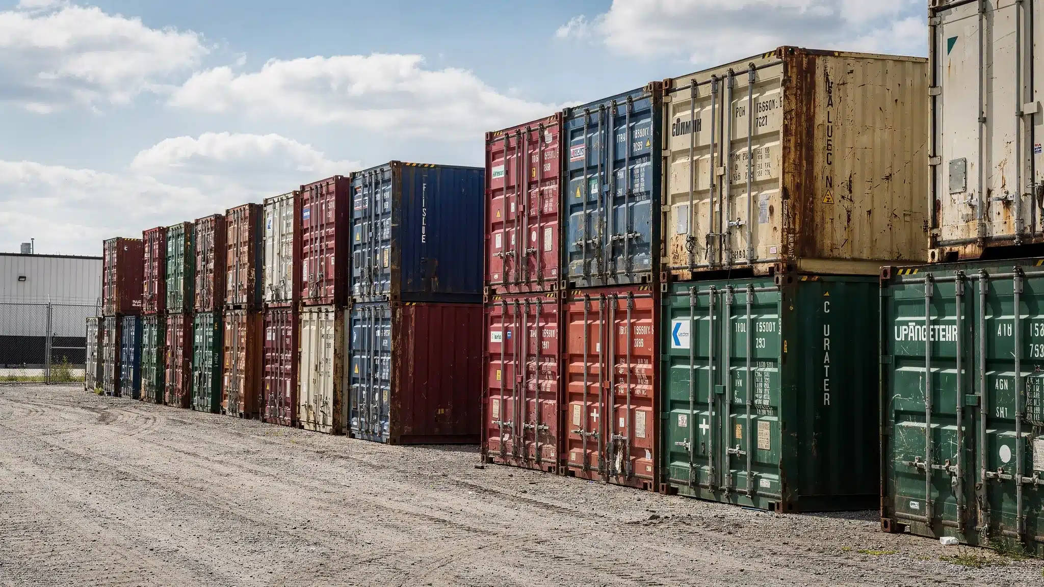 A row of different shipping containers in a U.S. storage yard, including standard height and high cube units, with visible corner castings and locking cargo doors.